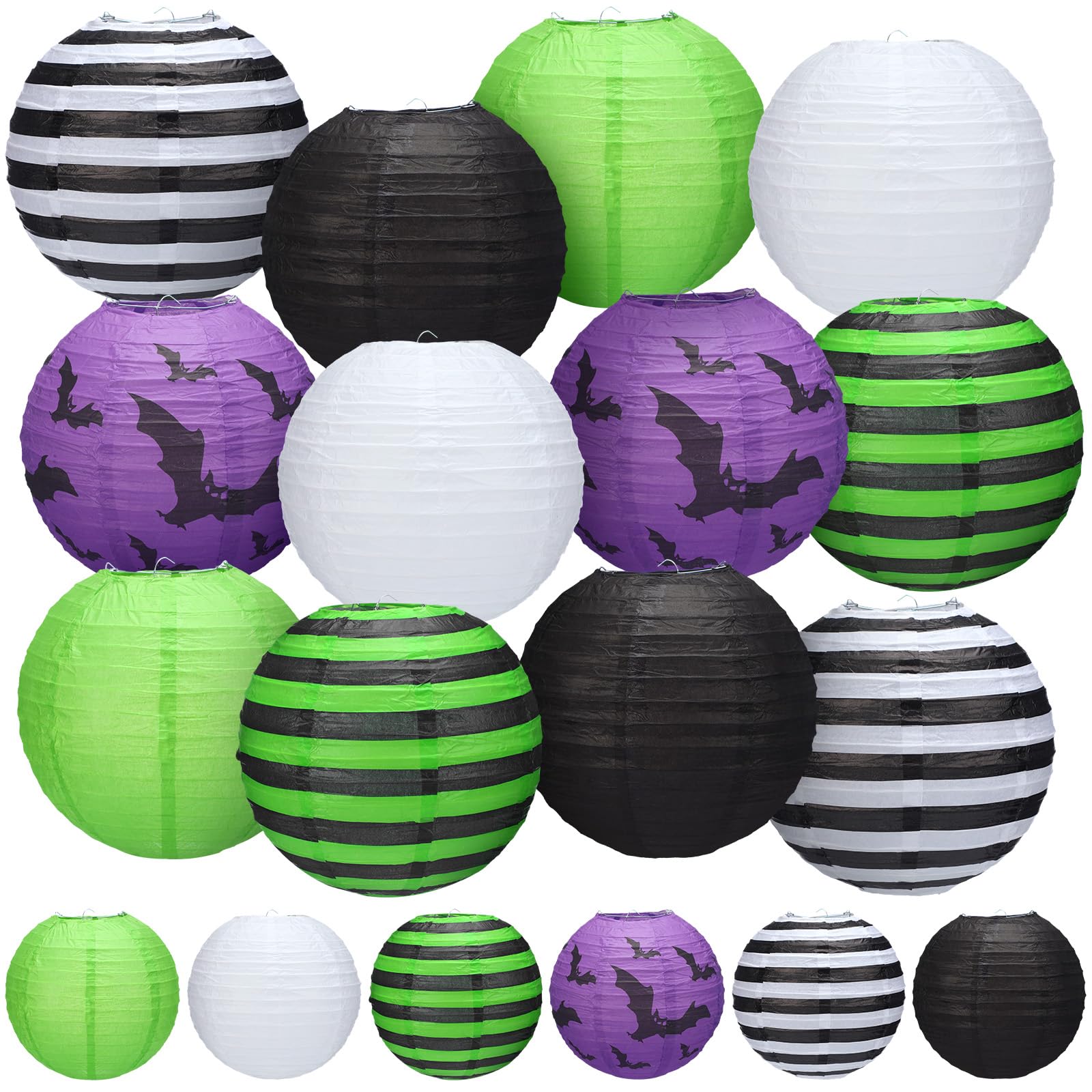 Retisee 12 Pieces Halloween Paper Lanterns Party Decorations Hanging Bat Lanterns Purple Black Green 9.84 Inches for Halloween Horror Party Indoor