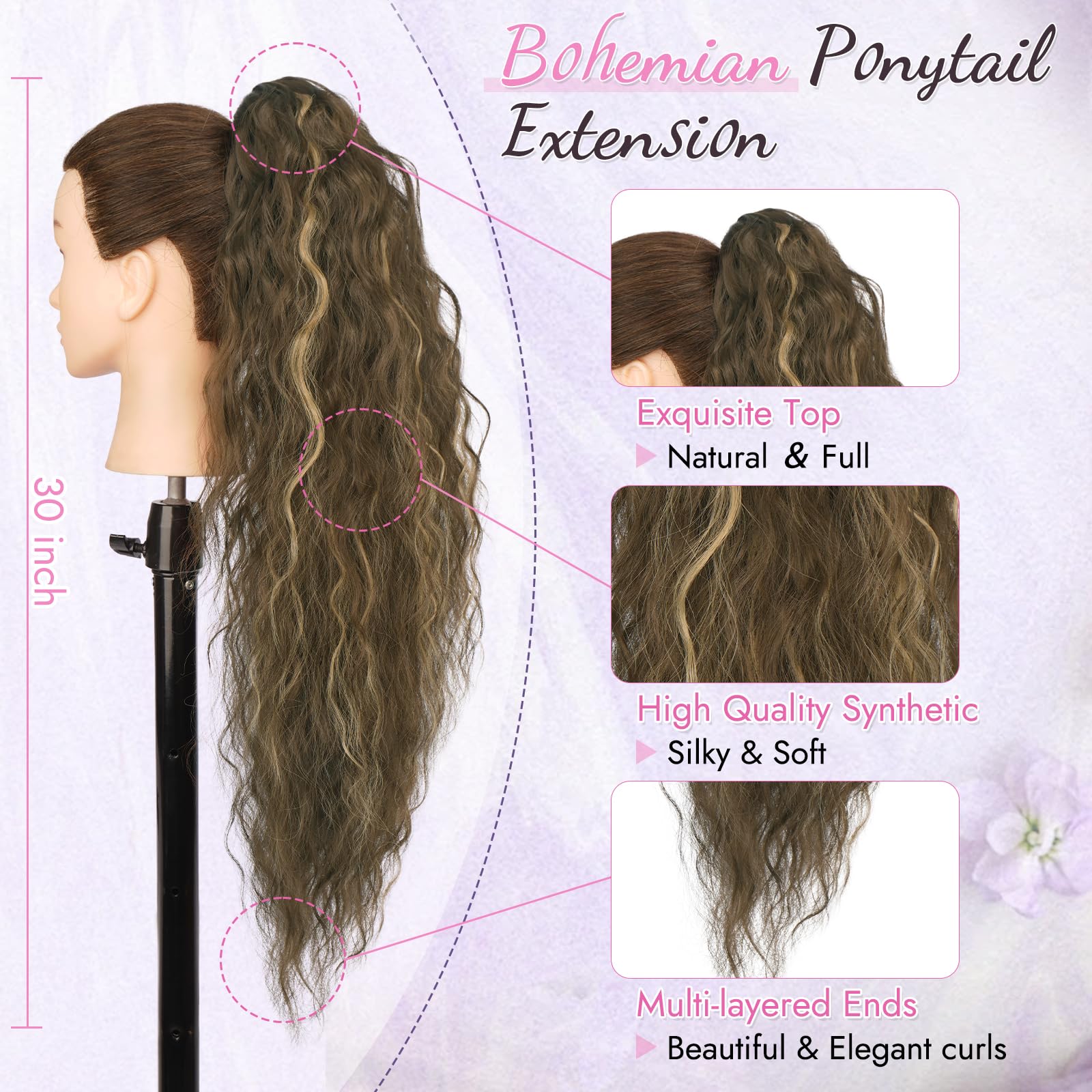 RUWISS Ponytail Cheveux Naturel avec Pince 76 cm Postiche Queue de Cheval Longue Bouclée Ondulée Extension Cheveux Naturel Queue de Cheval Synthétique pour Femme, Blond Miel Mélangé Brun Clair