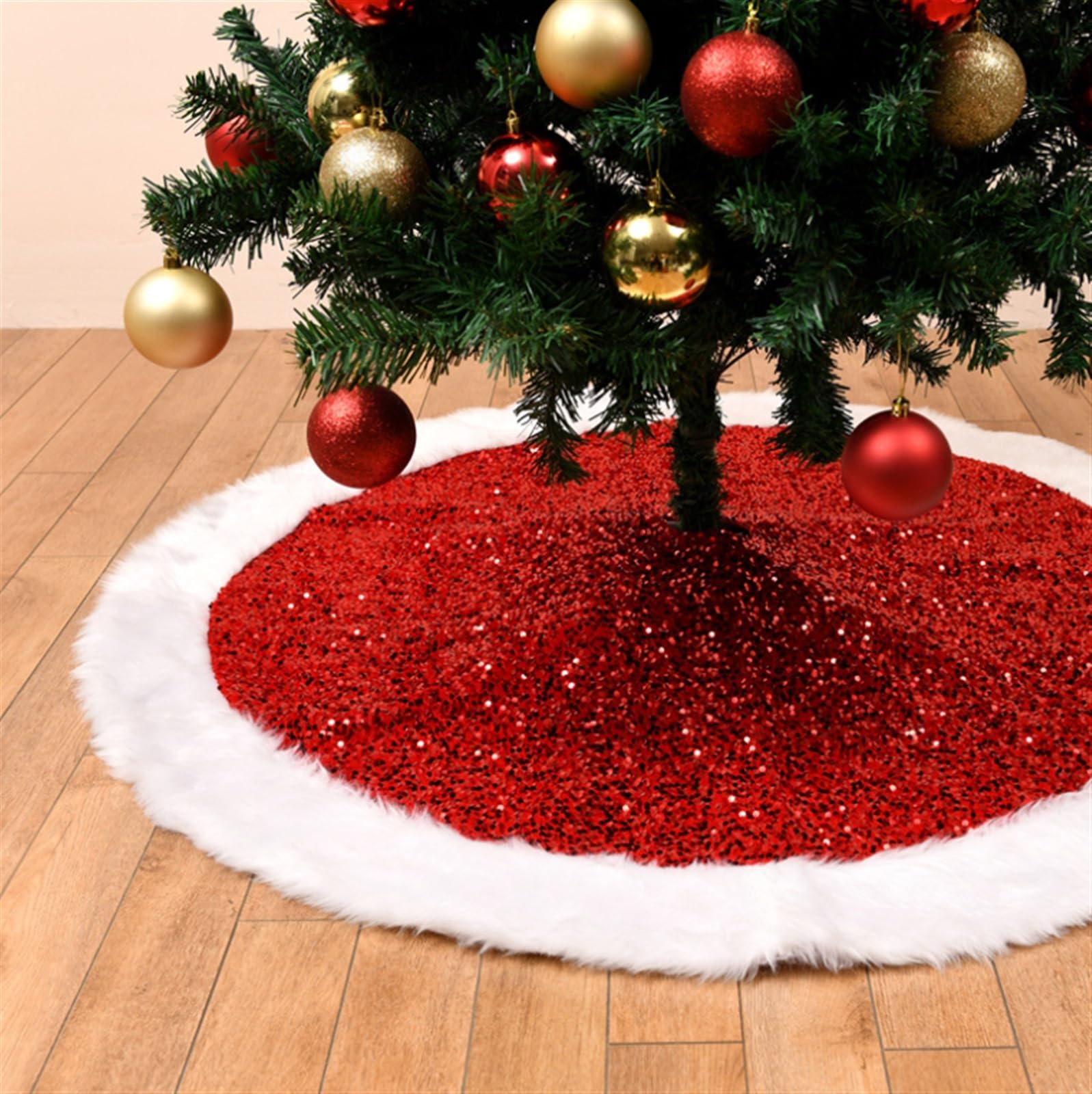 Spódnica Pod Choinkę Cekinowa Spódnica Choinkowa Błyszczące Spódnice Choinkowe Z Białą Matą Pluszową Ze Sztucznego Futra Mata Pod Choinkę(Rot,90cm)