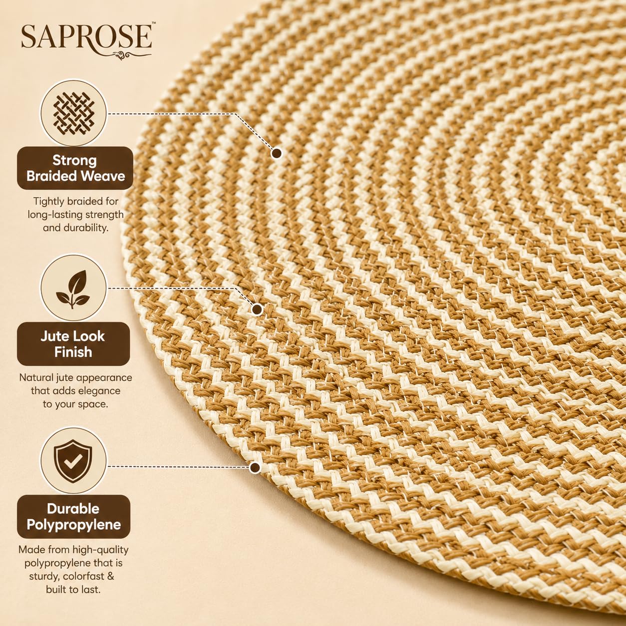 SAPROSE® Polypropylene Multipurpose Braided Round Table Mat (1 PC Pack, 40 cm), Dinning Place mats, Side Table Mat, Doilies, Machine Washable Large Mat for Dining Table (15.5" Dia., Beige-Jute) 3