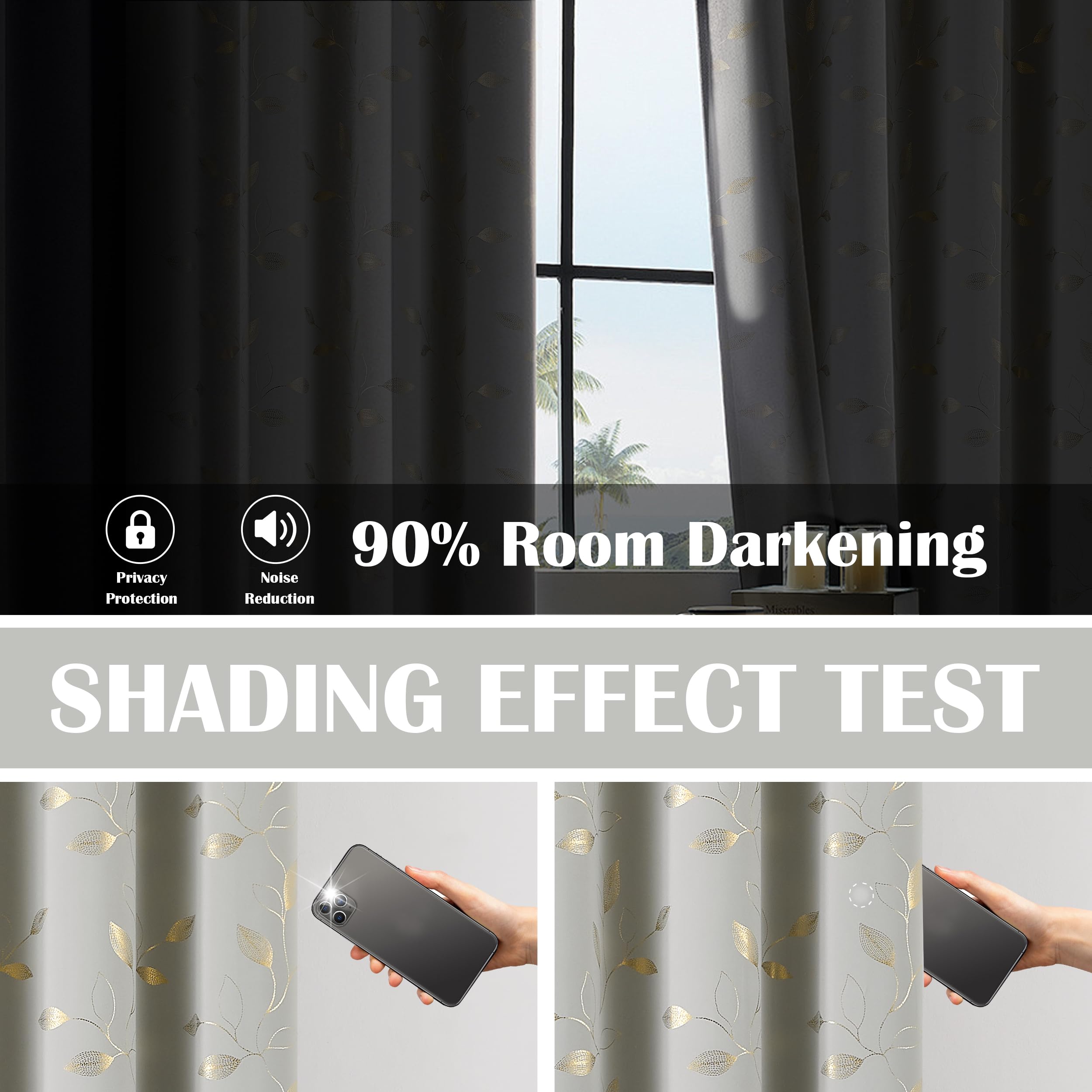 Bujasso Grey Leaf Full Blackout Curtains 54 inch 2 Panels Set Gold Print Patterned Drapes for Bedroom Living Room Thermal Insulated Room Darkening Window Treatment Grommet Top W52xL54 - Image 3