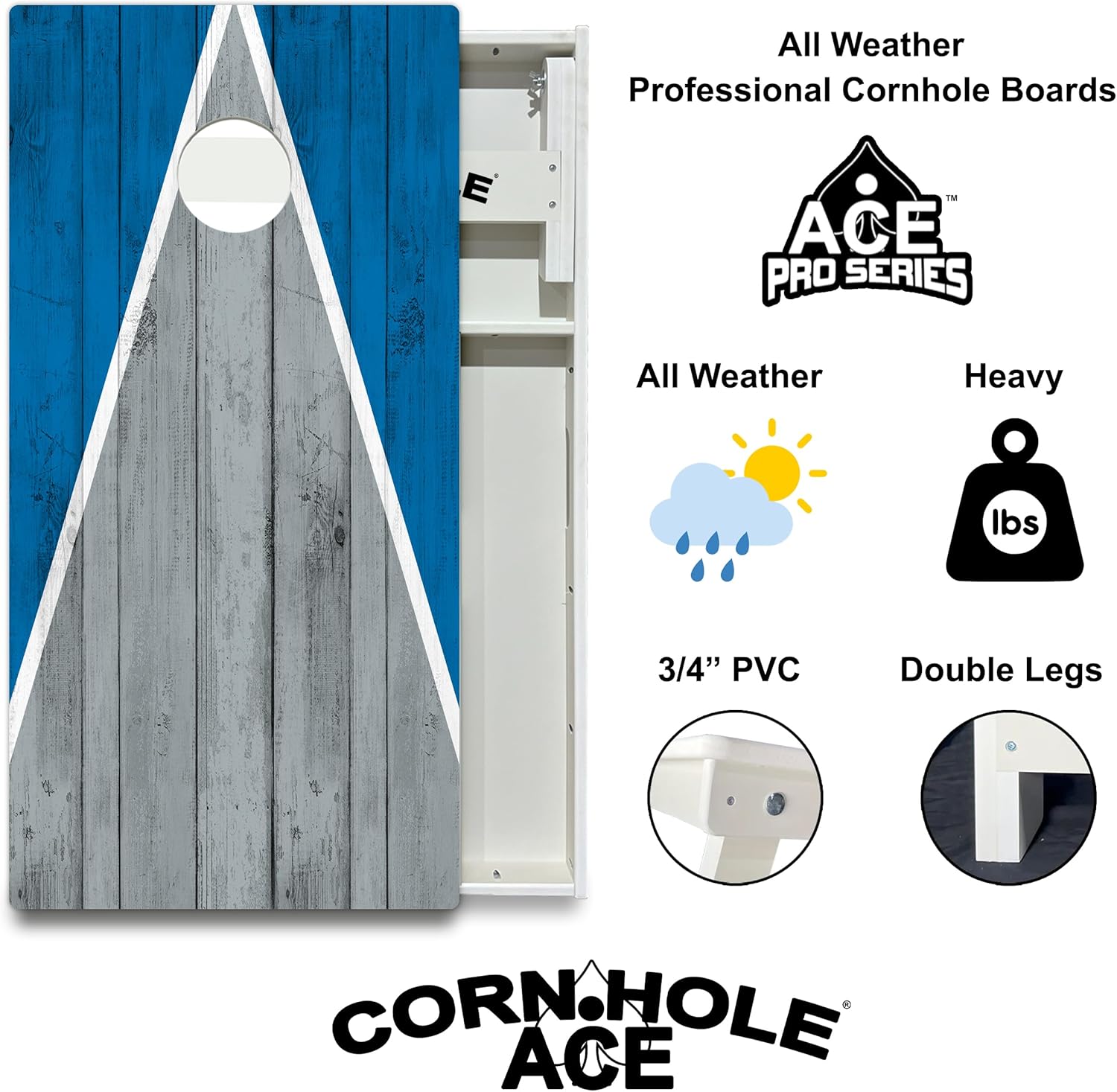 CornholeAce City Tailgate Series All Weather Pro Cornhole Board Set - Waterproof 4x2 Regulation Size, Made in USA, Triple Wide Legs, 3/4" PVC, Official Tournament Boards, Outdoor Ready (2 Boards)