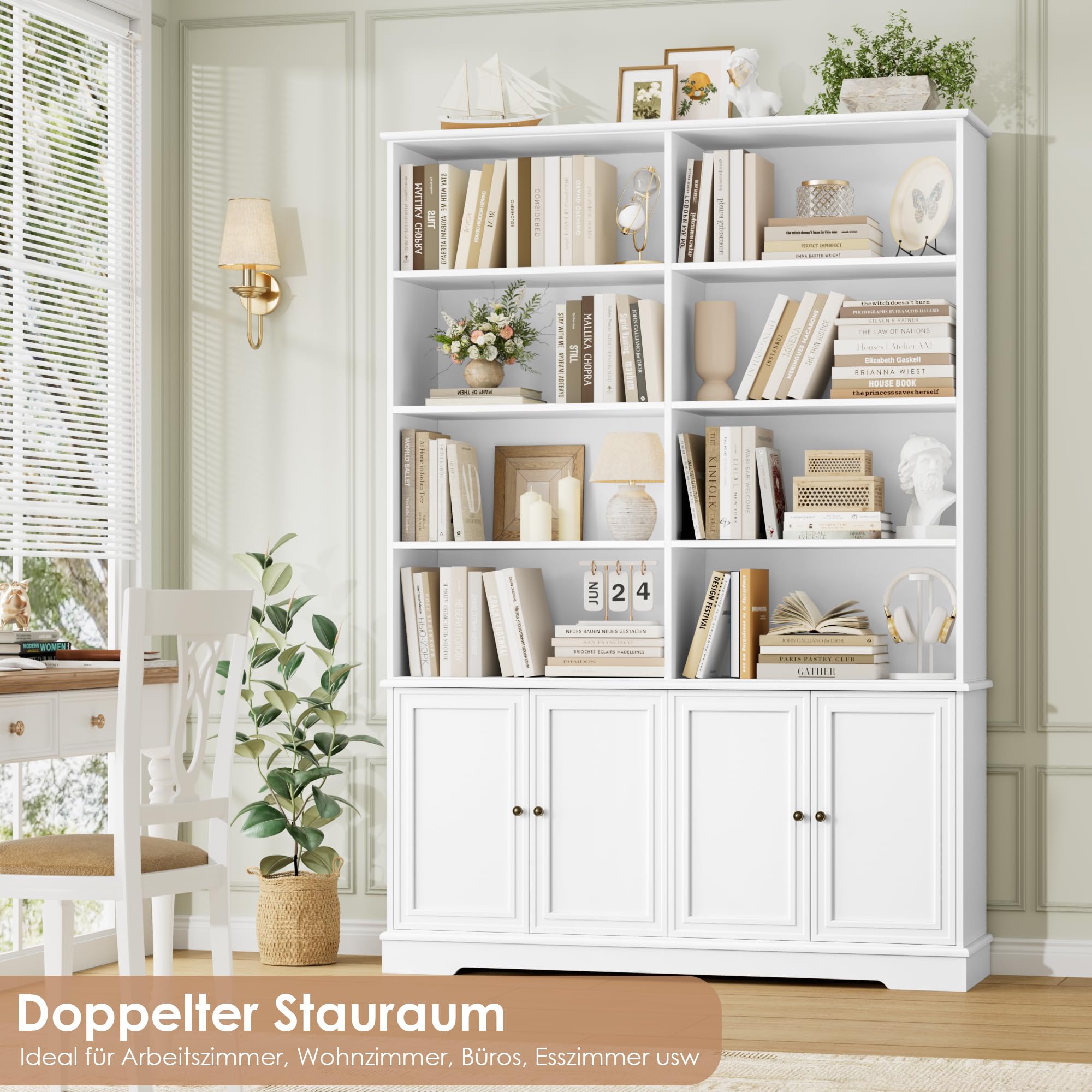 FirFurd 185cm Bücherregal mit Türen Bücherschrank mit 12 Fächern Vitrinenschrank aus Holz Hochschrank Regal mit Türen für Wohnzimmer Arbeitszimmer Büro Küche 185 x 27 x 120cm Weiß