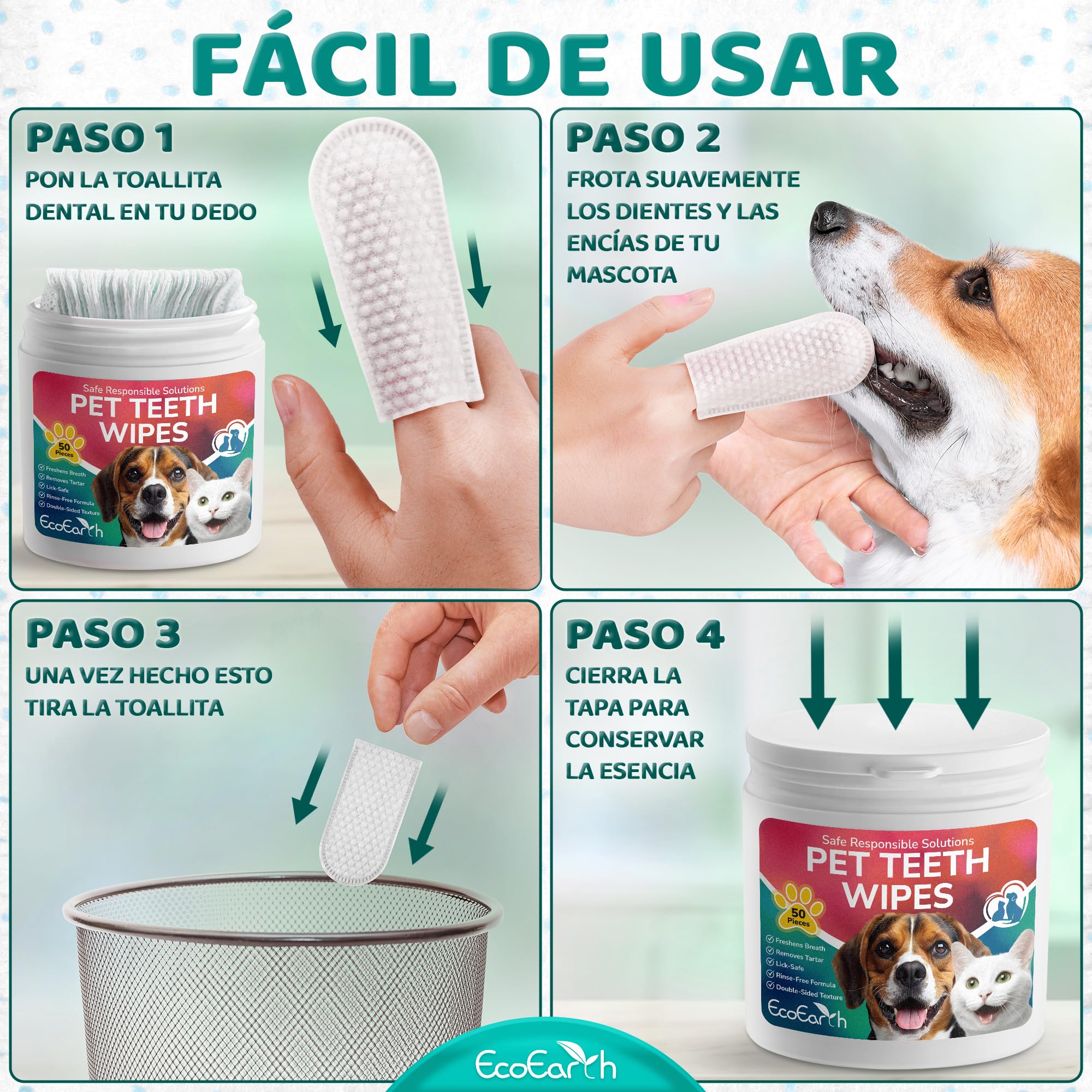 EcoEarth Toallitas de Limpieza Dental Premium para Perros y Gatos - 100 Piezas - Almohadillas para los Dedos para el Cuidado Dental de Mascotas para un Aliento Fresco y una higiene bucal