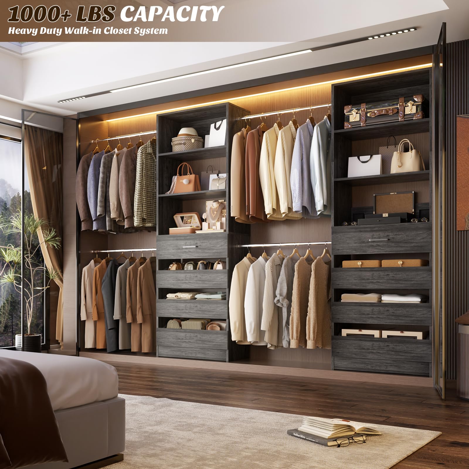 Aheaplus Closet System, 4-9Ft Organizer with 4 Wooden Drawers, Tower, Walk-in Wardrobe with 4 Hanging Rods, Black Oak