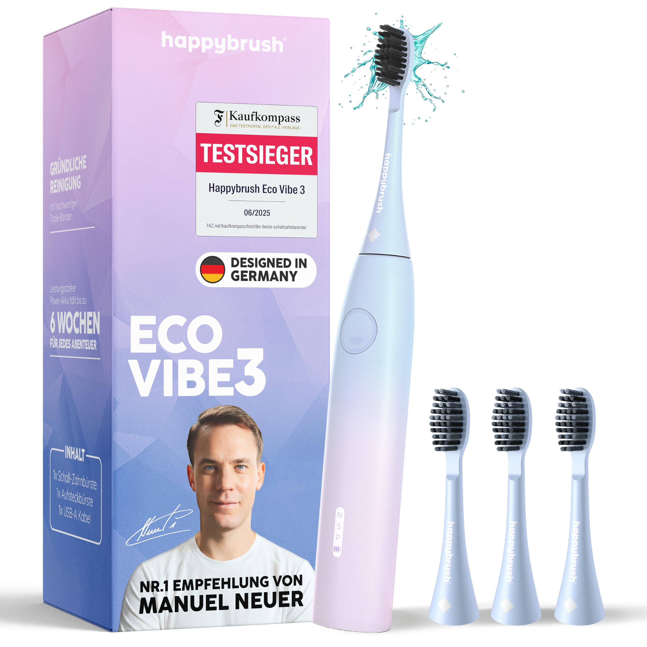 happybrush Spazzolino sonico Eco Vibe 3 – "La grotta dei leoni" – Vincitore del test – Spazzolino elettrico con batteria da 6 settimane – Spazzolini da denti ultrasonici – Include 3 testine – Sunrise