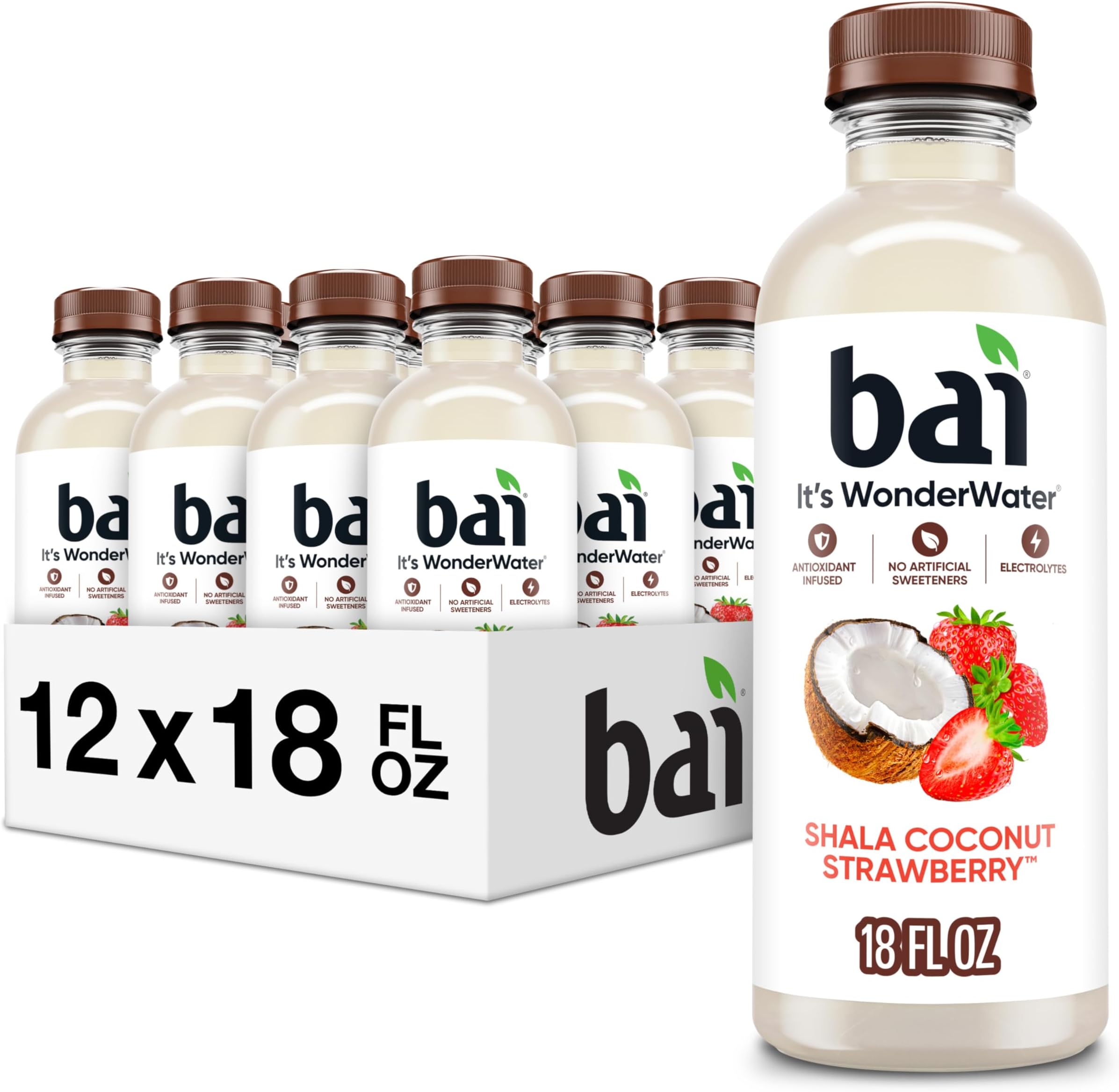 Antioxidant Infused Water Beverage, Shala Coconut Strawberry, with Vitamin C and No Artificial Sweeteners, 18 Fluid Ounce Bottle, 12 Pack