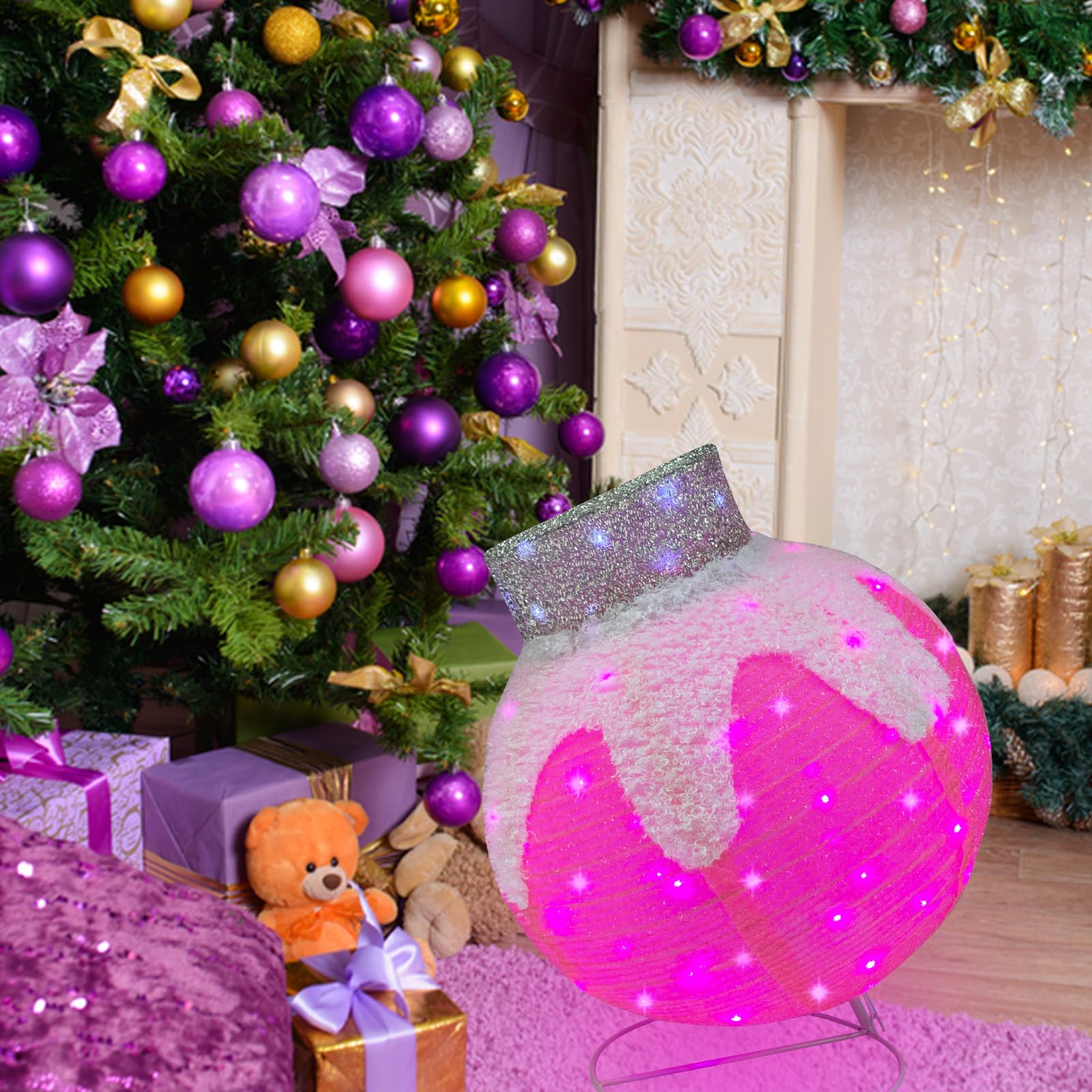 Lighted Christmas Balls Outdoor Decorations, 2pcs Pop-Up Pink Christmas Décor Balls Prelit 160 Lights with Flashing Effects, Collapsible Light Up Hanging Lanterns Plug-in for Home Yard Party-Pink: Pink white ornament set
