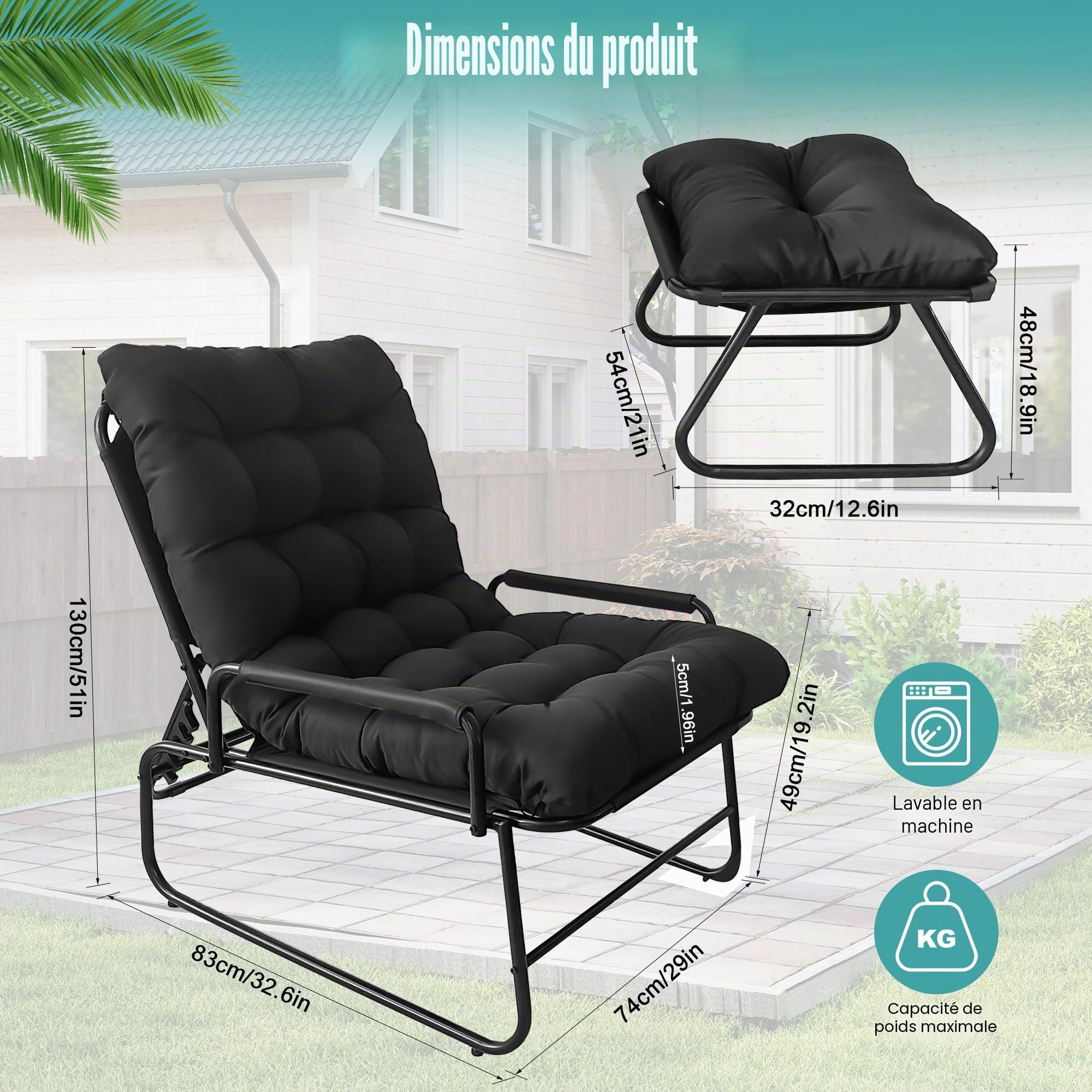 Chaise Longue Inclinable avec Repose-Pieds, Chaise Relax de Jardin, Fonction D'inclinaison à 4 Positions, Coussin Amovible avec Repose, Chaise Longue Détente pour Jardin, Terrasse (Noir)
