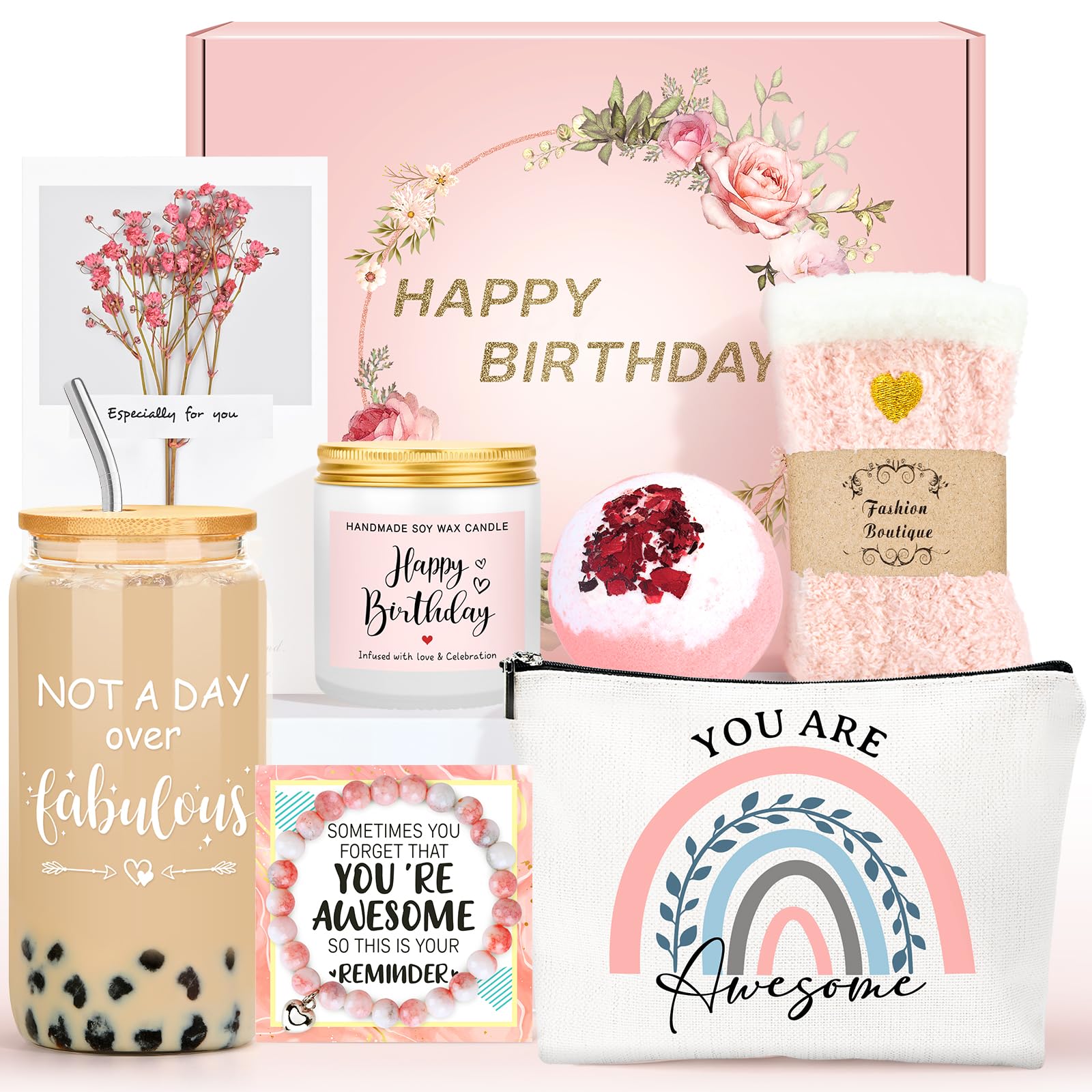 Birthday Gifts for Women Unique Happy Birthday Gifts Ideas for Her Pink Friendship Gift Box for Woman Present Baskets for Mom Gift Set for Daughter Sister Bestie Girlfriend Coworker Aunt Friend Female