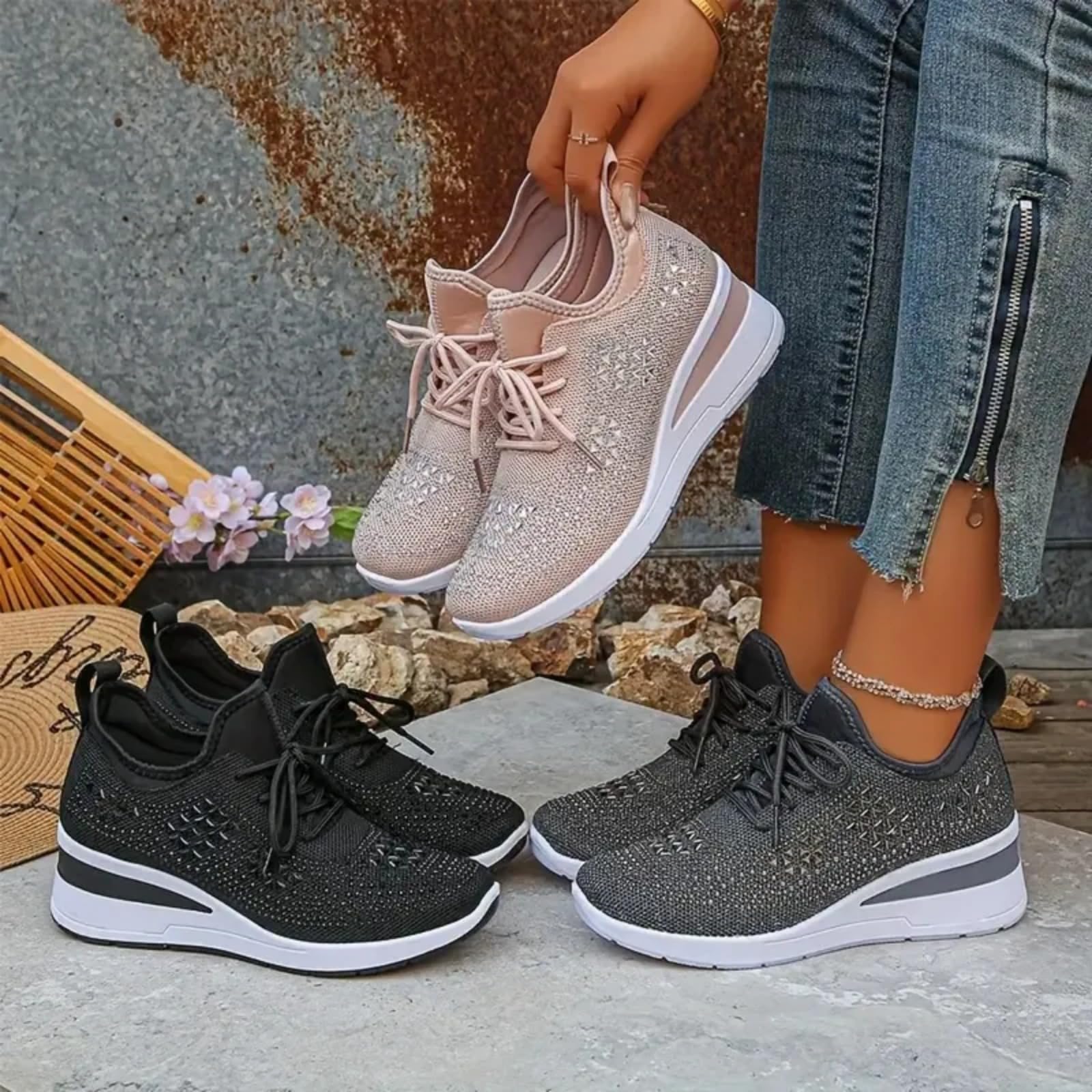Zapatillas de cuña transpirables con diamantes de imitación brillantes para mujer, con cordones, plataforma de cuña con cuentas de diamantes de imitación, zapatillas cómodas y brillantes