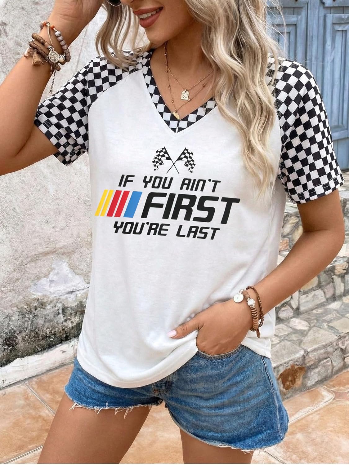 Racing Shirt for Women Vintage Checkered Flag Graphic Tshirt Race Day Car Shirts Casual Short Sleeve Tops - Image 4