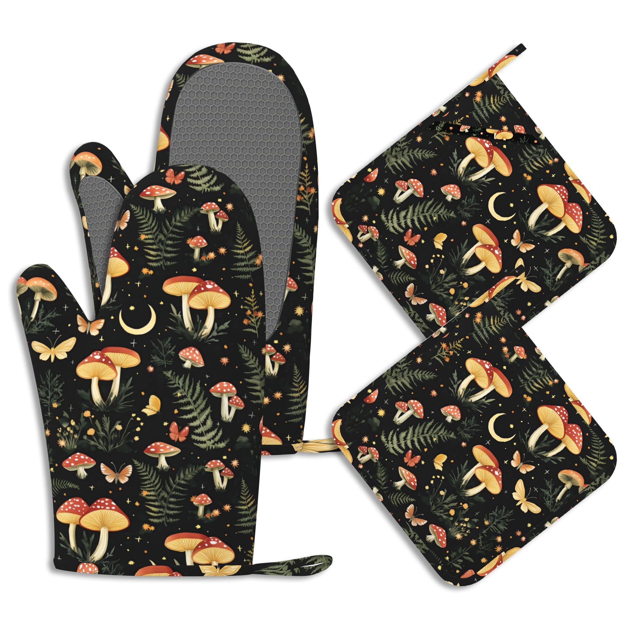 Boho Pilze Ofenhandschuhe und Topflappen Sets von 4 Wildblumen Schmetterling Hitzebeständige Silikon Ofenhandschuhe Handschuhe Rutschfeste Küchenhandschuhe Topflappen zum Kochen Backen Grillen BBQ