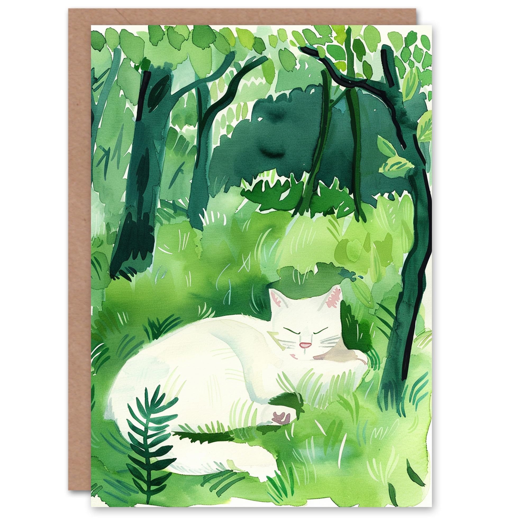 Artery8 White Cat Lover Forest Nap Watercolour Landscape Blank For Him Or Her Art Birthday Card