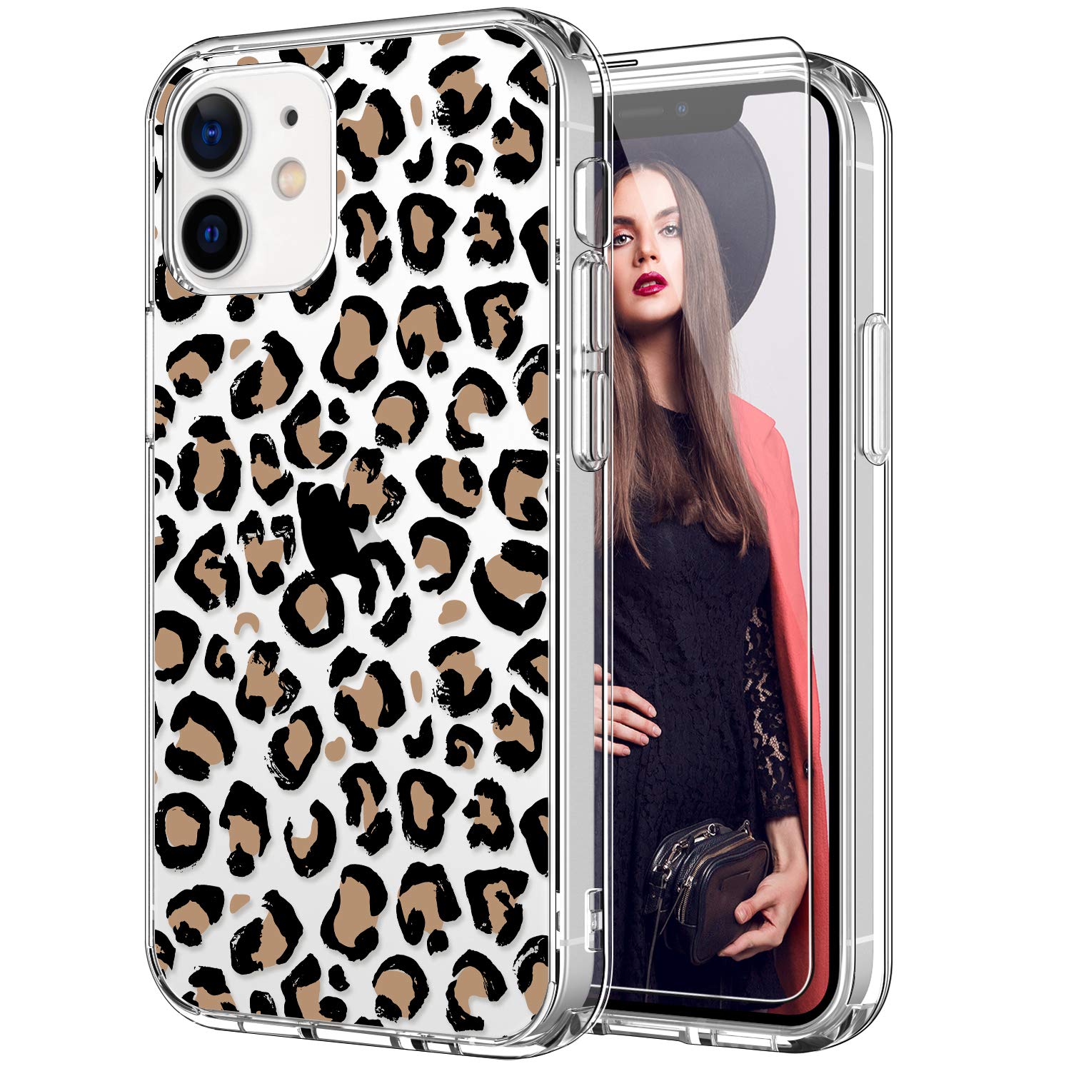 ICEDIO for iPhone 12 Case,iPhone 12 Pro Case with Screen Protector,Clear Cover with Fashionable Designs for Girls Women,Slim Fit Protective Phone Case 6.1" Nice Leopard