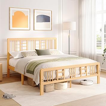 Breezehome 10 Inch High Solid Bamboo Wood Queen Bed Frame with Headboard and Footboard, Platform Bed Frame Queen Size with Metal Slats, No Box Spring Needed, Easy to Assemble, Sturdy