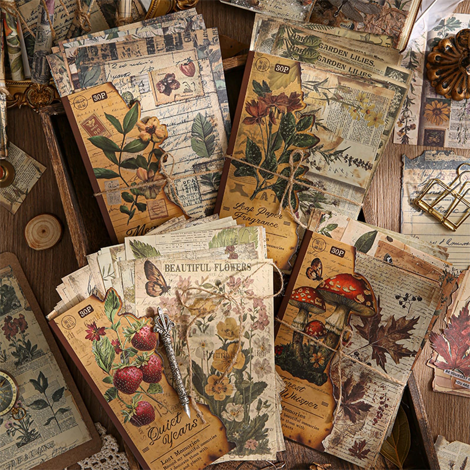 120 Pcs Deco Papers for Scrapbooking, 5.5*5.5in Vintage Decoupage Paper Junk Journal Supplies, Retro Flower Butterfly Ephemera Paper Pack Diary Room