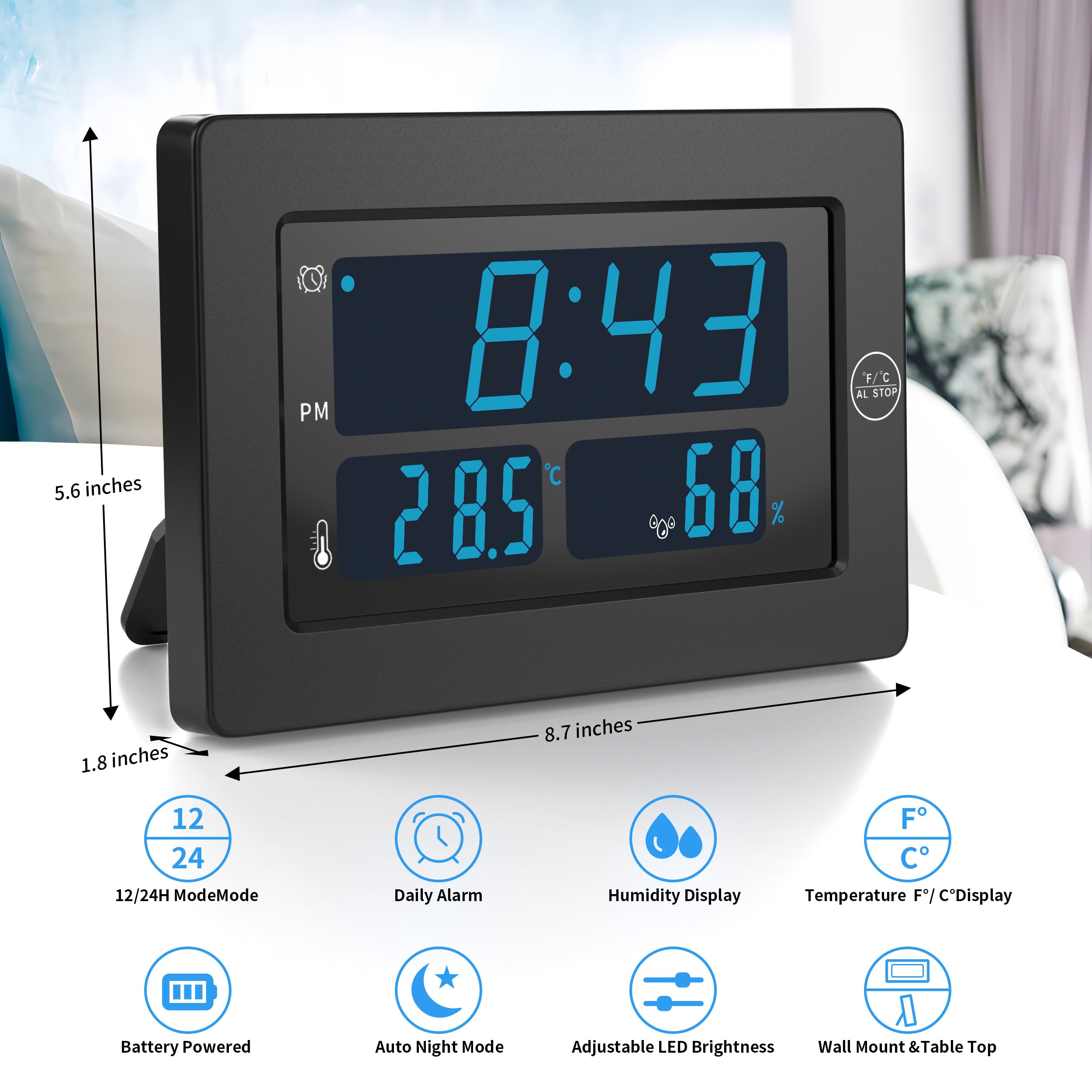Alarm Clock, Humidity/Temperature Display, 8