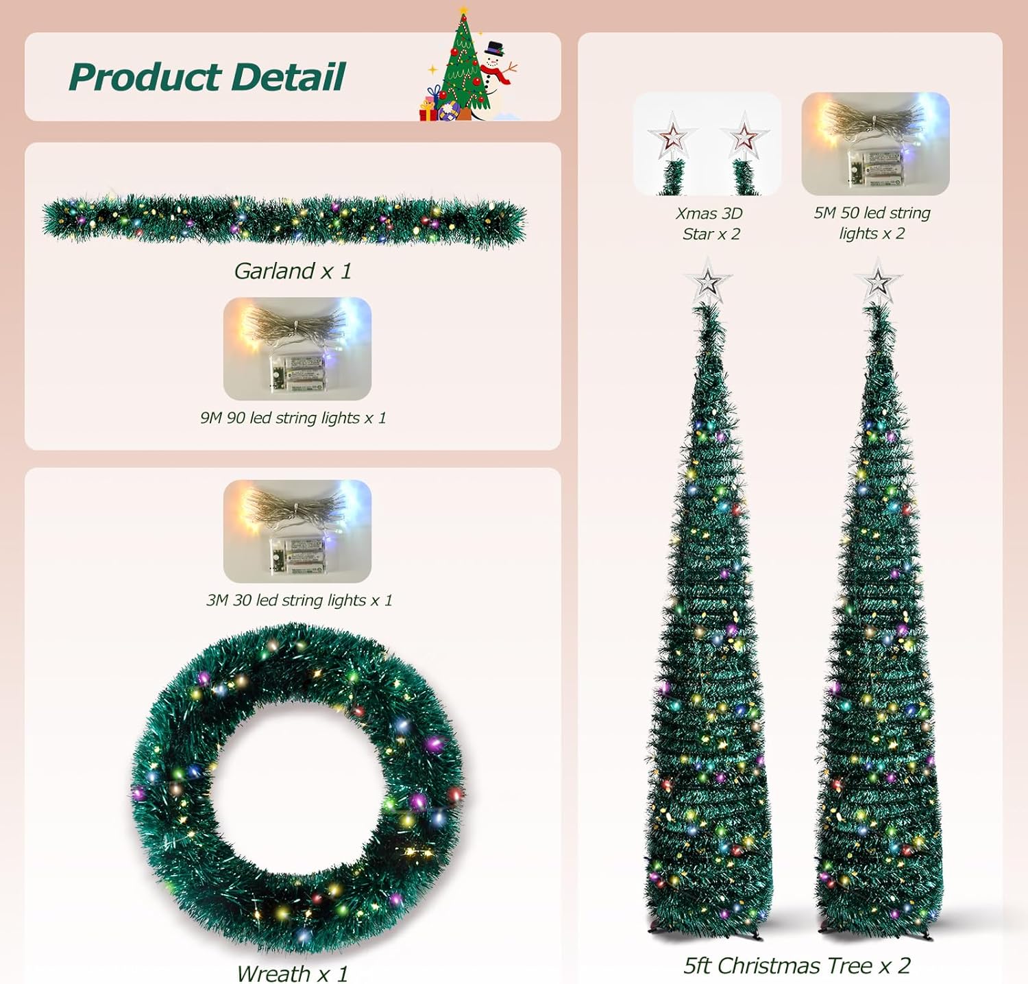 Christmas Decorations 4 Pieces Set, Garland, Wreath and 2 Pop Up Christmas Tinsel Trees with Lights and Tree Toppers for Holiday Home Party Indoor Fireplace Xmas Decor (Black)