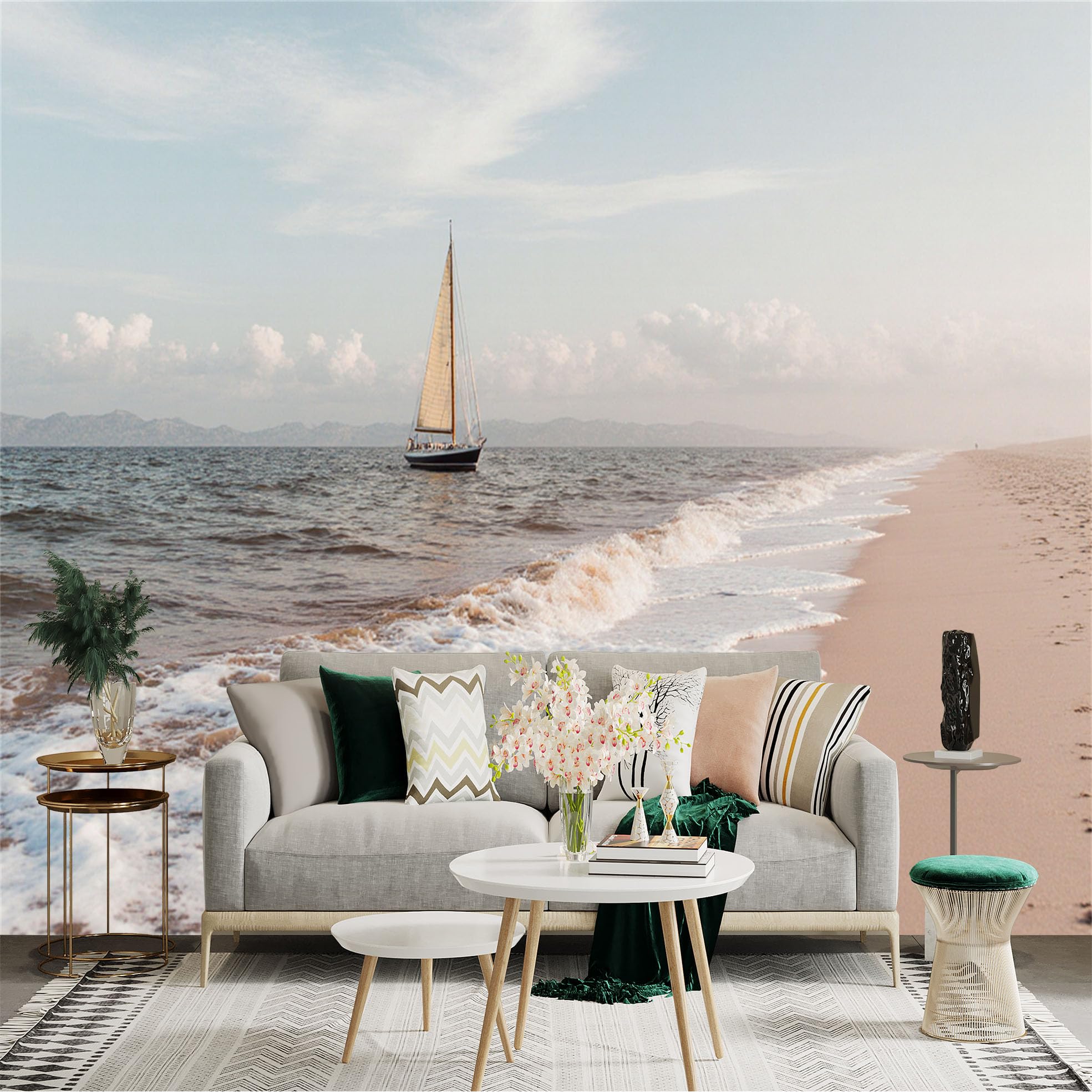 Custom Size Wall Sticker Mural， Sailboat on Calm Sea， Sandy Beach Shoreline， Peaceful Ocean Scenery， for wall Decoration， peelandstick wall Decals.