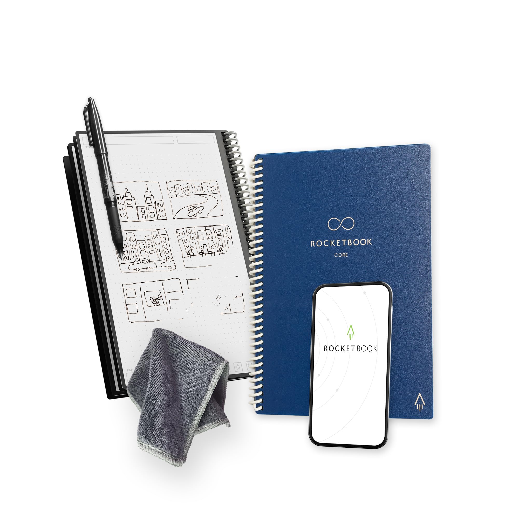 Rocketbook Core Cuaderno Inteligente Reutilizable, Cuaderno Conectado Digitalmente con Bolígrafo, Paño y Aplicación, Cuadrícula de Puntos, Azul Medianoche, Tamaño A5 15 cm x 22,4 cm, 36 Páginas