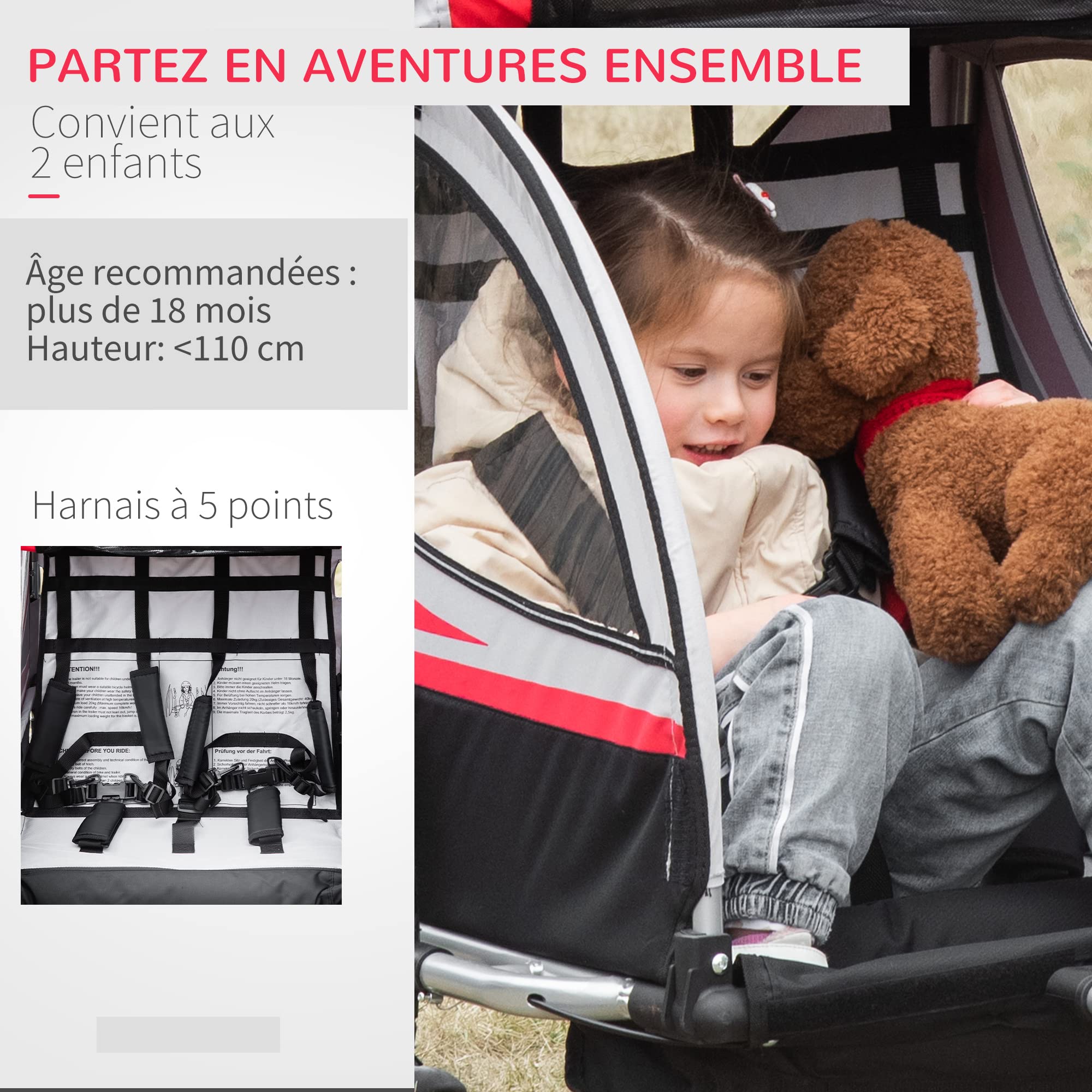 HOMCOM Remorque vélo pour Enfant 2 en 1 Convertible Jogger Poussette capacité 26,4 kg avec réflecteurs et Drapeau - 2 Places