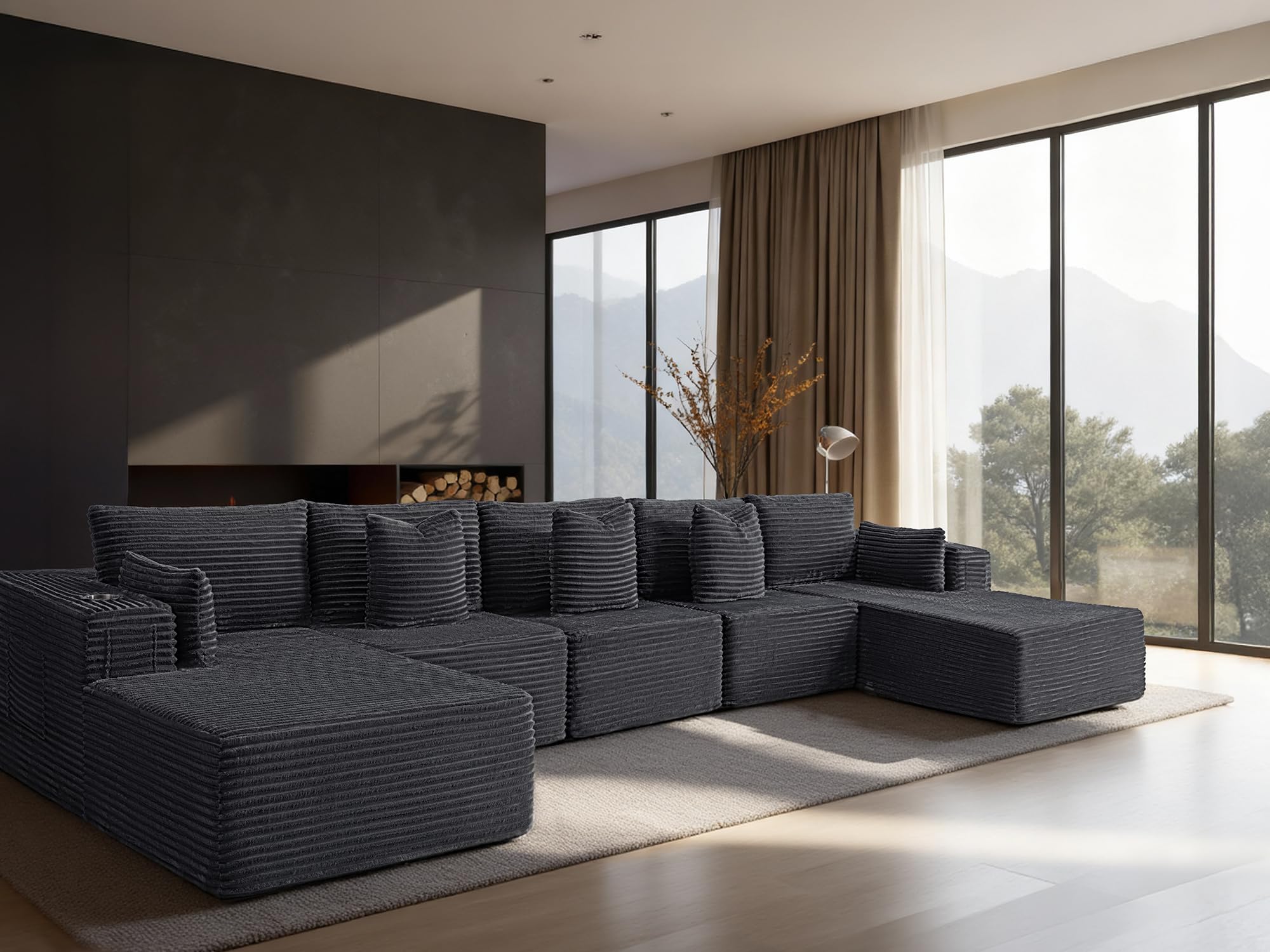 168" Cloud Sectional Couch, Comfort U Shaped Sofa for Living Room, Extra Deep Seats No Assembly, Minimalist Modular Couch, Corduroy (Dark Grey, 7 Seats,U-Shape C)