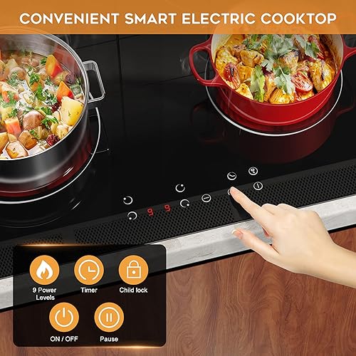 Miniatura 3 de Noxton Placa de cocción eléctrica de 24 pulgadas, 4 quemadores, placa de cocción de cerámica de vidrio negro integrada con bloqueo de seguridad,