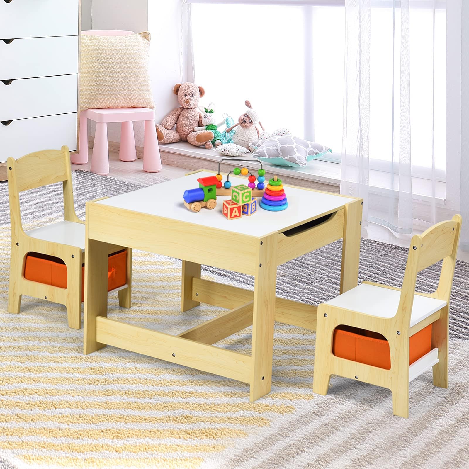 RELAX4LIFE Tavolino Bambini con Sedie, Tavolino Legno 3 in 1, Tavolo per Bambini con Piano Reversibile (Lavagna/Bianco) e 2 Sedie con Cassetti (62 x 62 x 48,5 cm, Naturale)