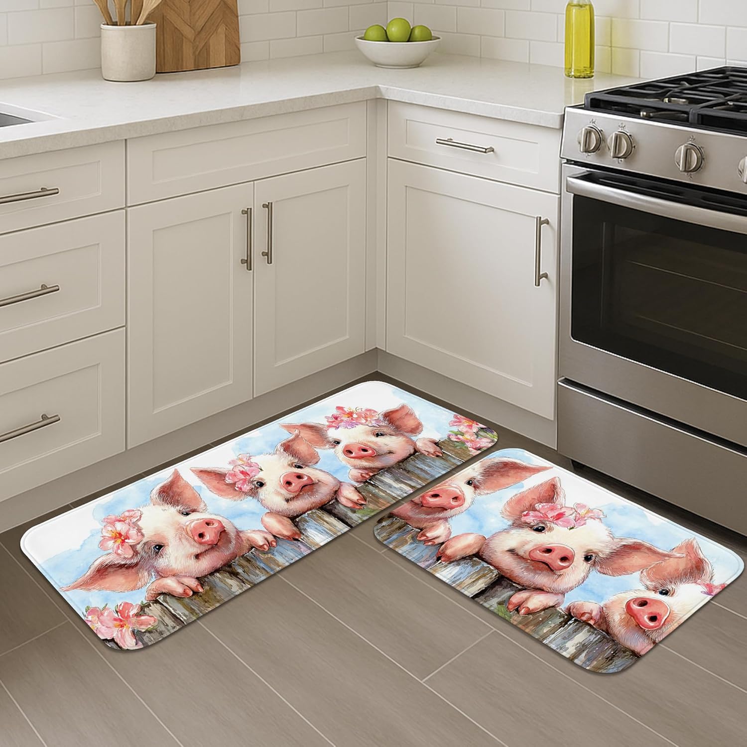 Cute Pig Kitchen Mats for Floor, Floral Farmhouse Design Soft Mats, Cushioned Comfort Washable Non Slip Decor Rugs for Kitchen Sinks Laundryroom Bathroom 2PCS