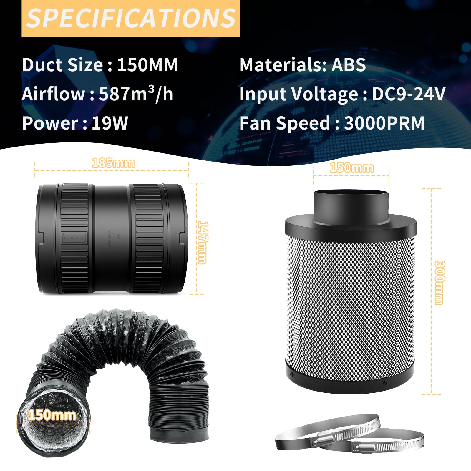 FanGoFast 150mm Inline-Rohrventilator Komplettset (587m³/h) mit Drehzahlregler, Aktivkohlefilter, Abluftschlauch und Klemmen – Belüftungssystem für Growzelt Gewächshaus‌