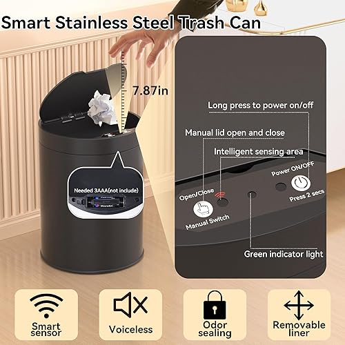 Miniatura 3 de Basurero de baño con tapa de acero inoxidable de 2.6 galones, bote de basura automático para baño, dormitorio, cocina, oficina