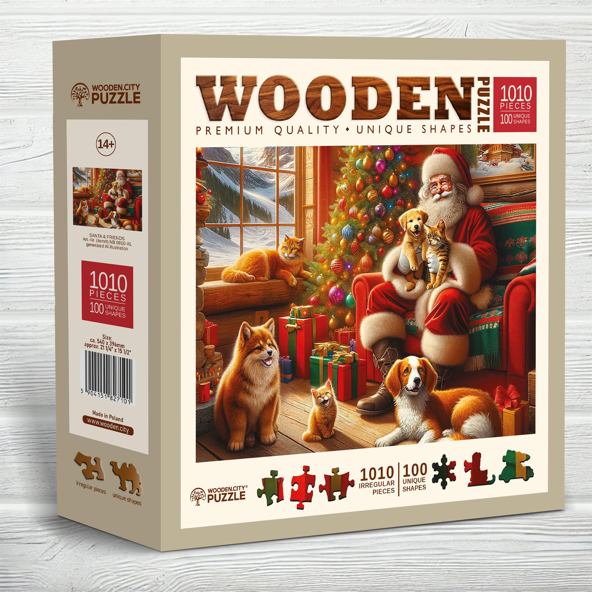 WOODEN.CITY Puzzle in legno da 1000 pezzi, Babbo Natale e amici, con 100 pezzi a tema natalizio, 54 x 39,4 cm, progettato e realizzato in UE