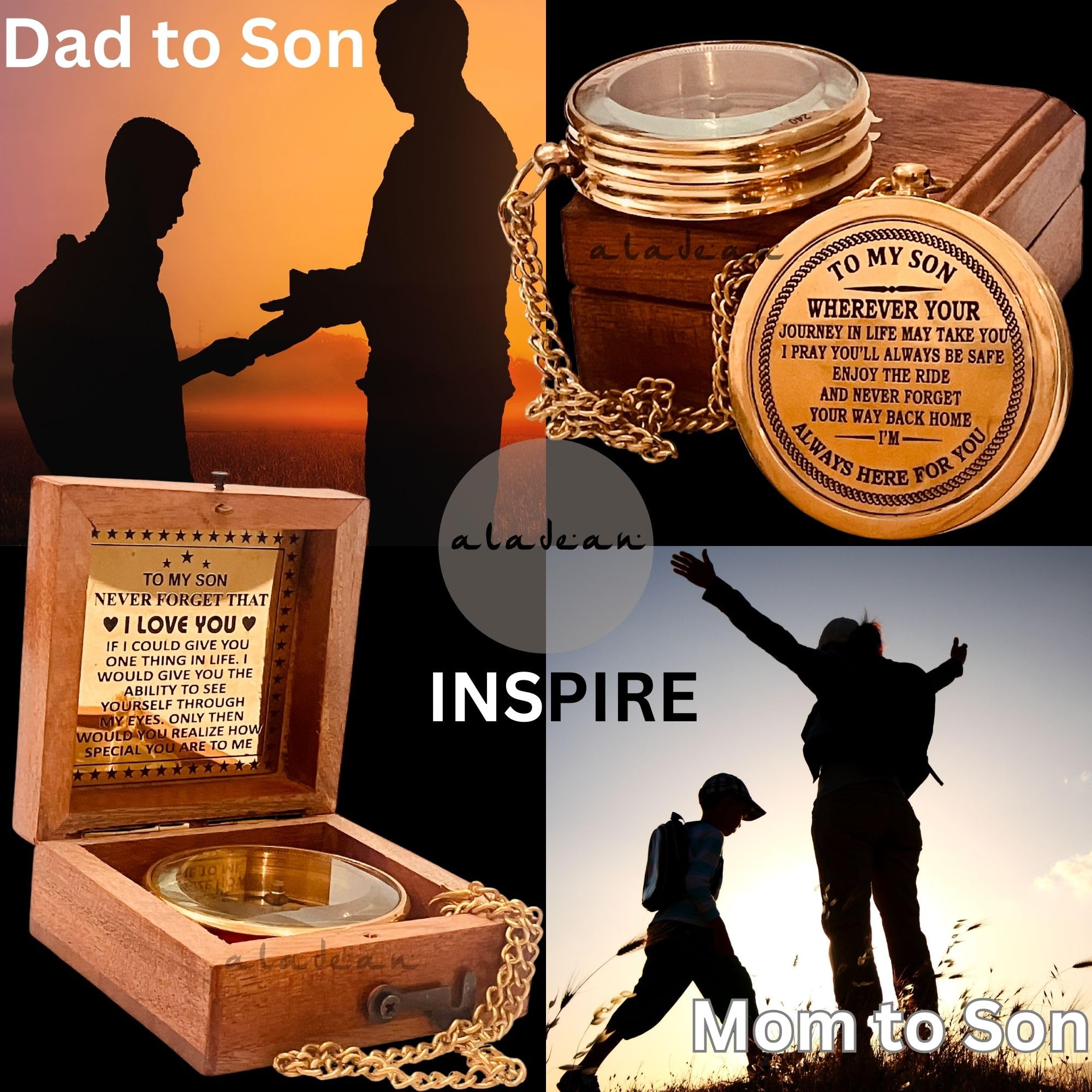 Divine Path Finder Boussole gravée « To My Son » dans une boîte en bois, faite à la main, cadeau de maman à fils, cadeau papa à fils