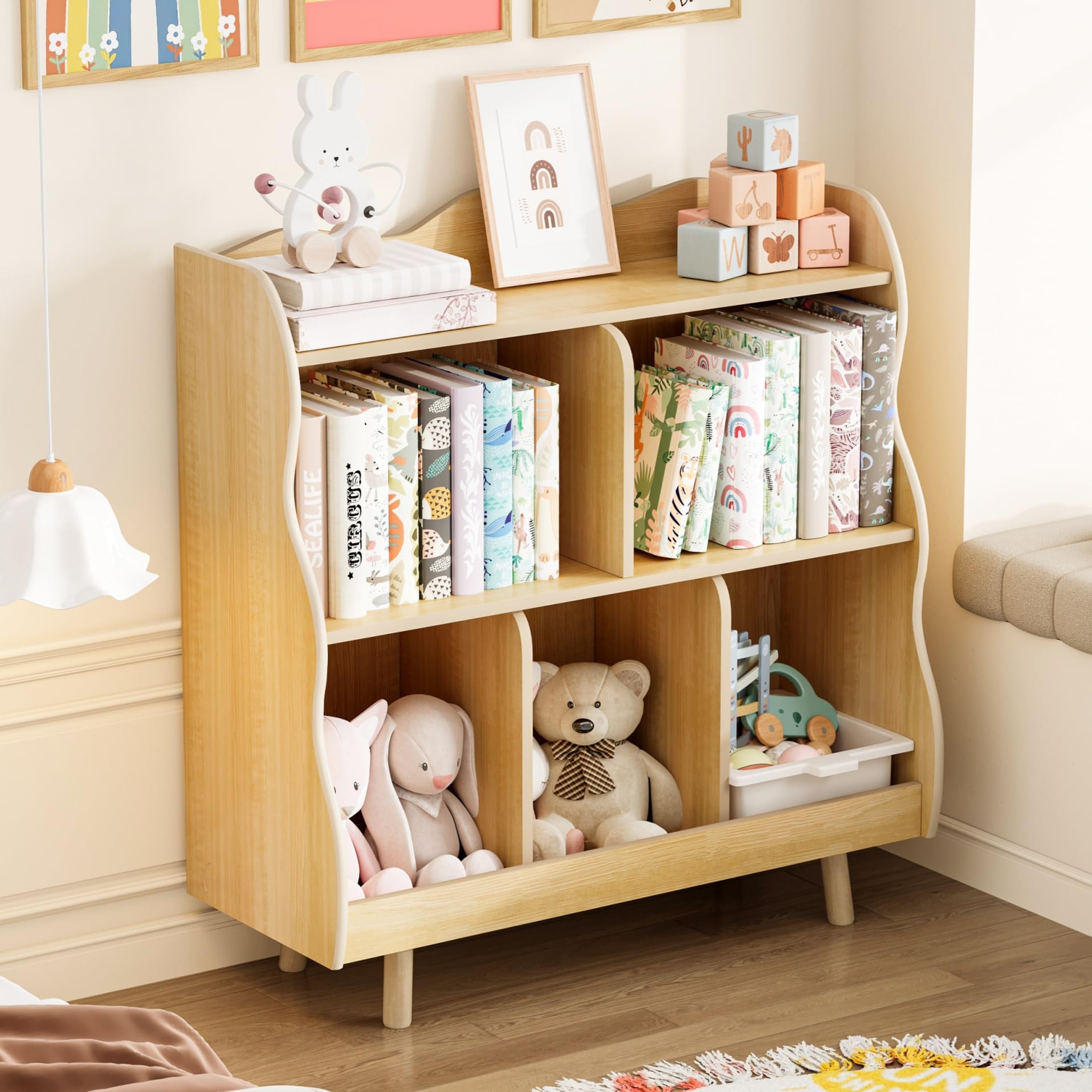 Treocho Kids Bookshelf and Toy Storage Orangizer, 3-Tier Wooden Children's Bookcase with Curve Design, 5 Toy Storage Cabinet Display with Legs for Children's Room, Playroom, School, Natural