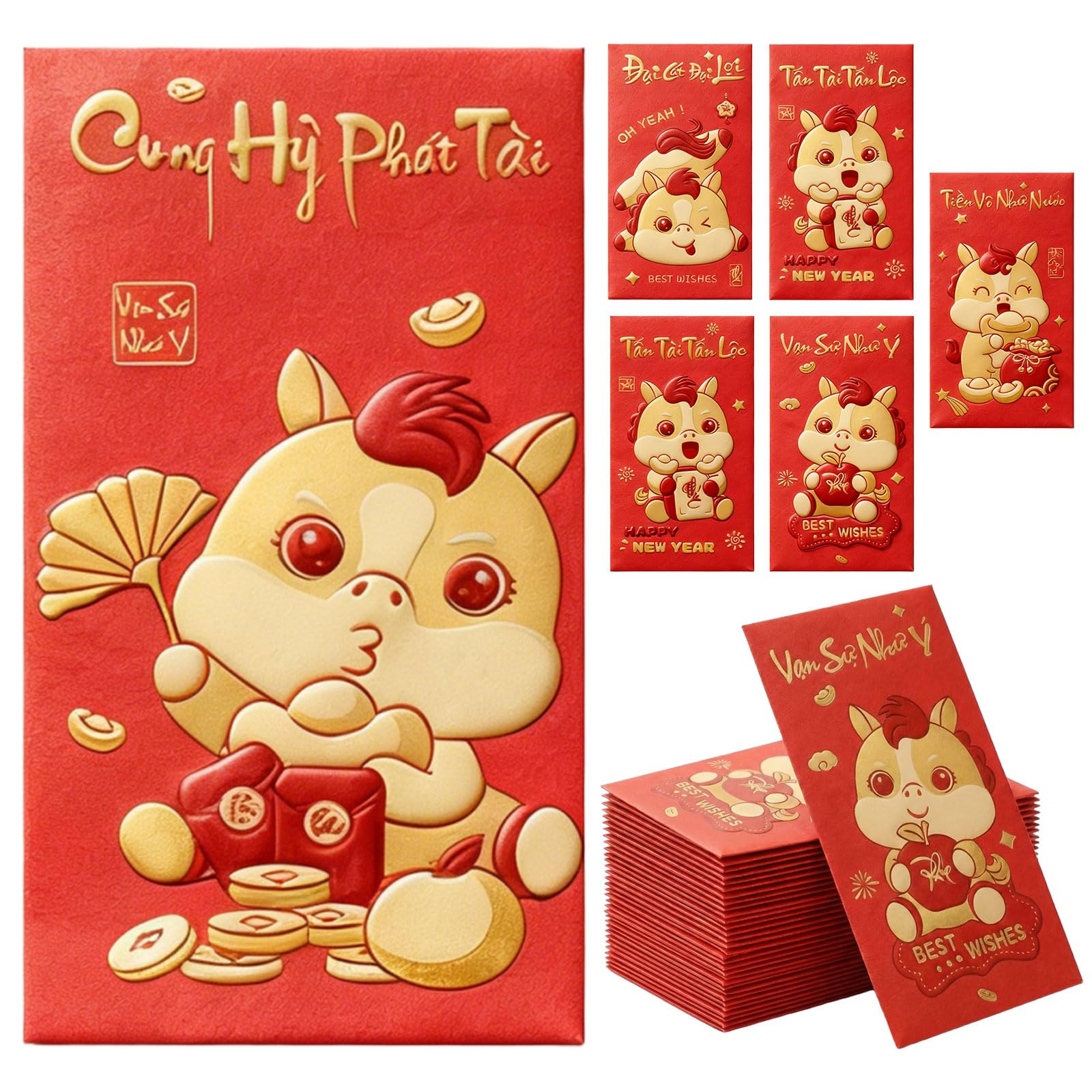 36 PCS Vietnamese New Year Red Envelopes 2026 Lunar New Year Hong Bao with Horse Patterns Blessing Words Good Luck Spring Festival Party