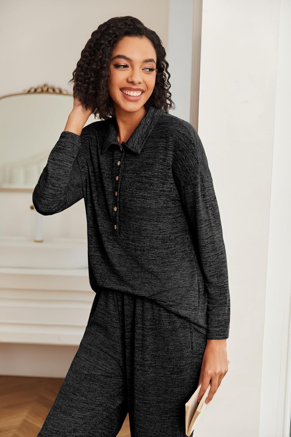 Ekouaer Women's Pajamas Set 2 Piece Knit Long Sleeve Button Down Sleepwear Soft Pjs Lounge Sets S-XXL - Image 3