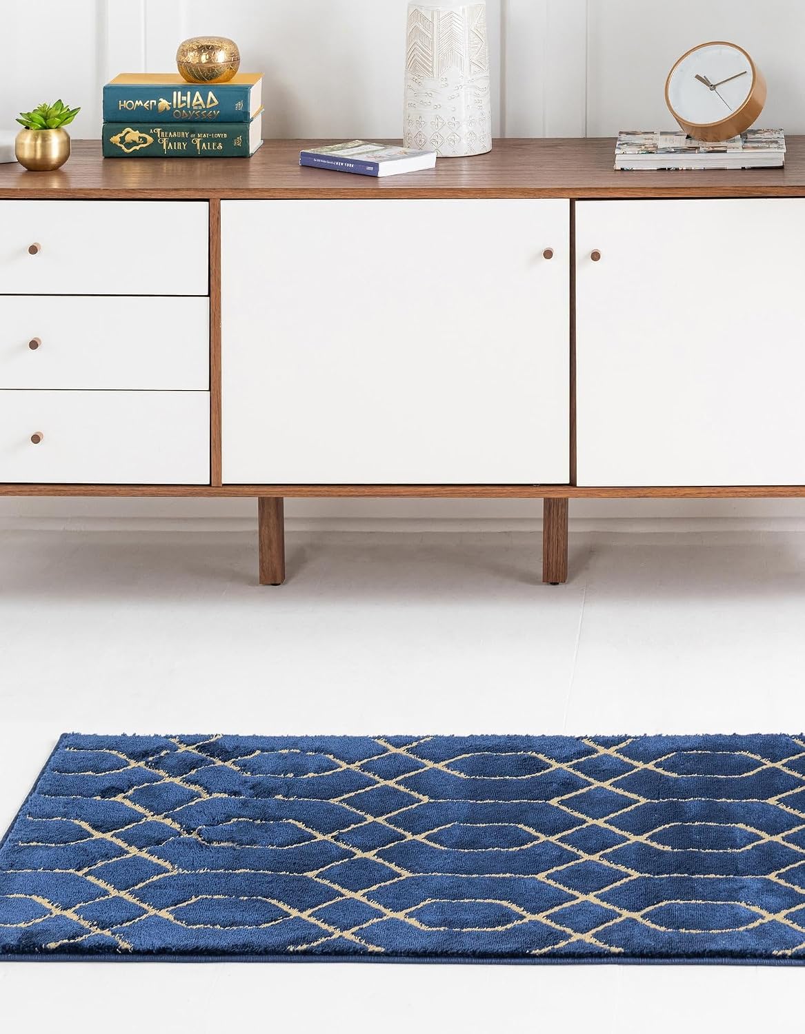 Rugs.com Glam Collection Rug – 6 Ft Runner Navy Blue Gold Medium-Pile Rug Perfect for Hallways, Entryways
