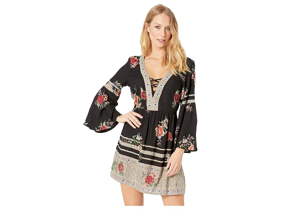 

Angie Floral Open Long Sleeve Dress with Crisscross V-Neck (Black) Women's Dress