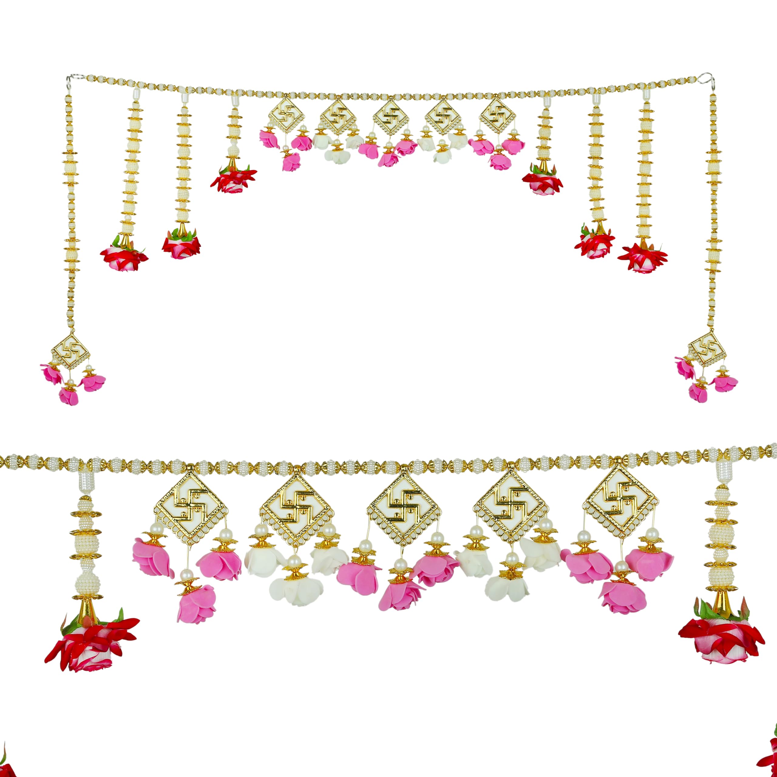 Artificial Toran Door Hanging Rose Flower Swastik Bead Bandanwar Wall with Side Wall for Entrance Window Home Temple Living Room Traditional Ganpati Ganesha Festival Decor(Size:-24"X18")(Multicolour)