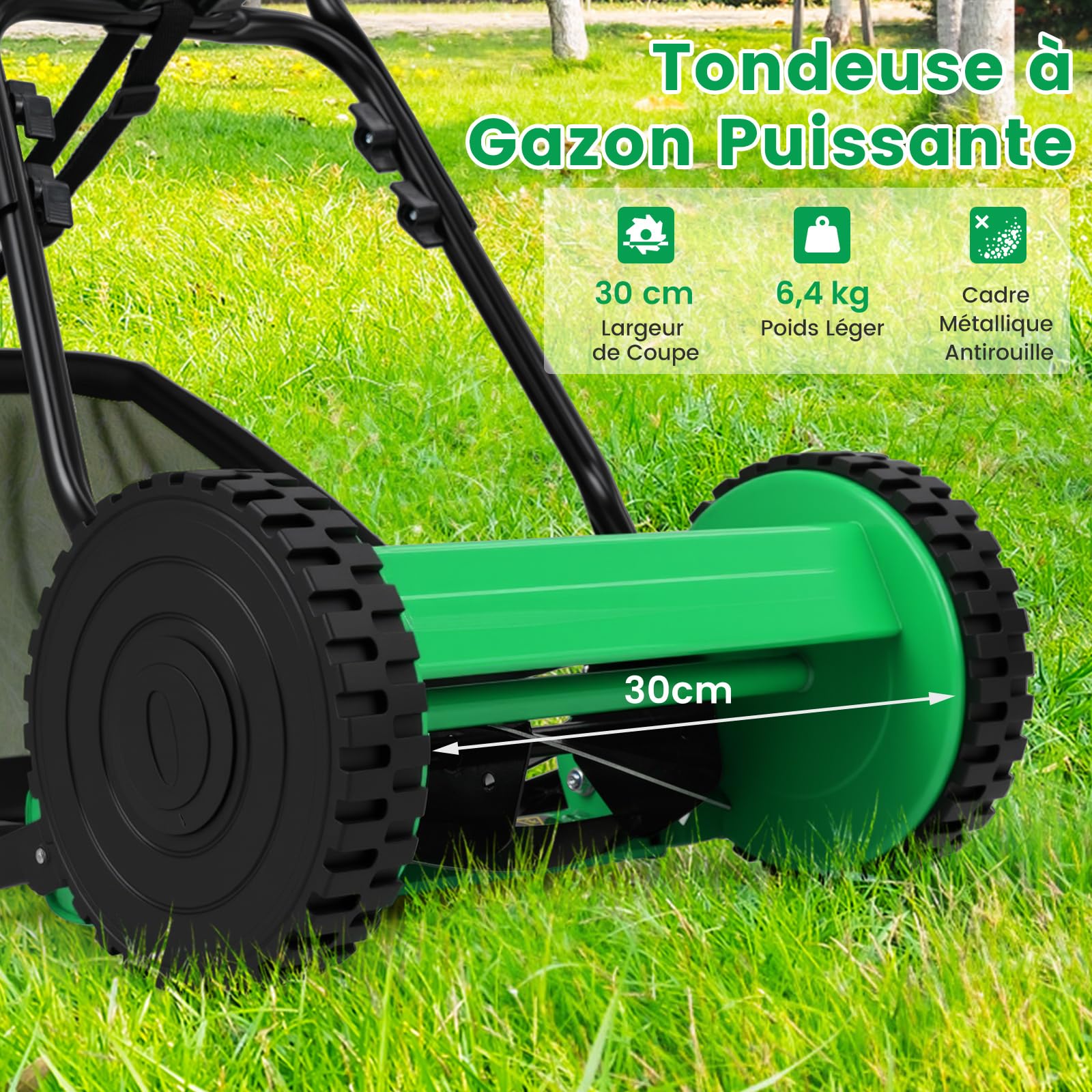 COSTWAY Tondeuse à Gazon Manuelle à Lame avec Largeur de Coupe de 30 cm, Hauteurs de Coupe Réglables de 15 à 40 Mm, Bac de Ramassage de 18,5 L 2 Roues Antidérapantes (Vert)