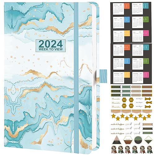 Dzhzal Diary 2024 Week to View A5 5.7''x8.3'' January 2024 - December 2024 with Stickers, Productivity Appointment Diary Planner with Pen Holder, Elastic Closure and Storage Pocket