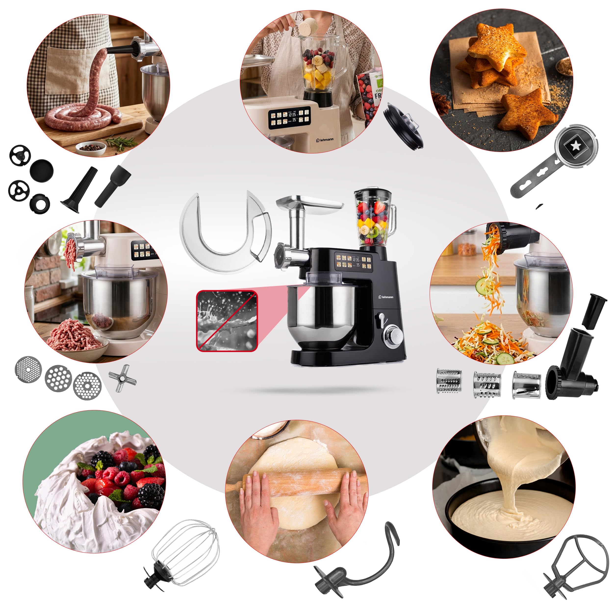 LEHMANN Teyles Robot Pâtissier Professionnel Multifonction 2100W 8L avec Balance Intégrée et Bol Chauffant, Pétrin à Pain et Pizza, Blender Verre 1,5L, Hachoir à Viande, Noir