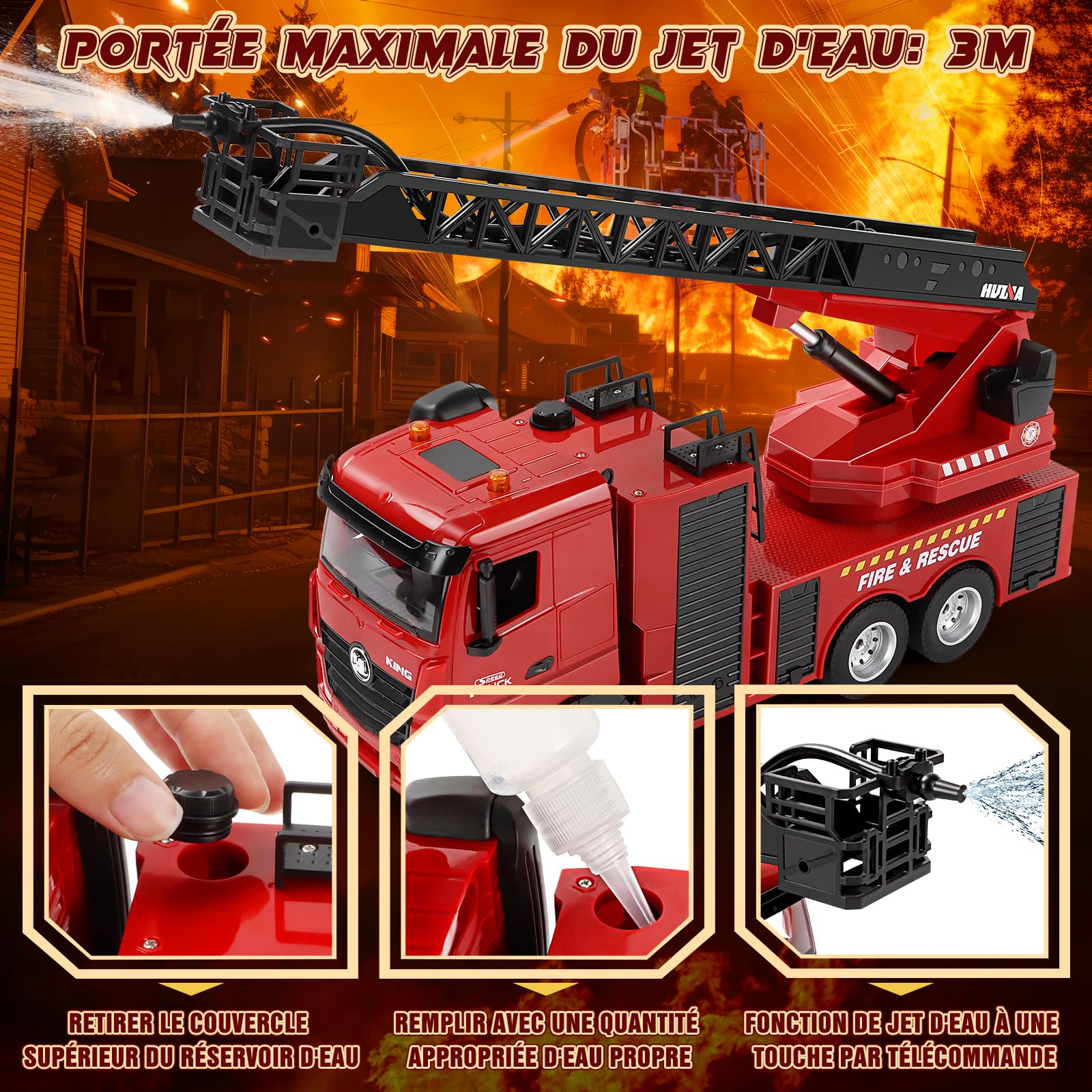 Joellfuner Camion Pompier Enfant, Voiture Pompiers Telecommandé, Grand Voiture de Pompier avec Echelle de 66 cm, Construction Véhicule Enfant avec Pulvérisation d'eau (15 canaux)