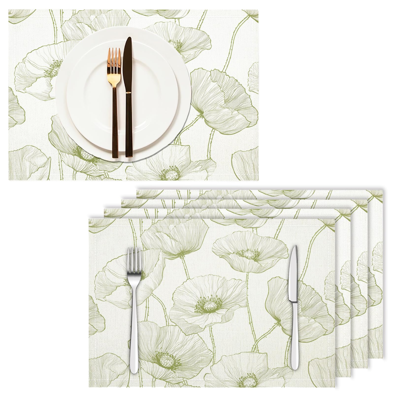 Lot de 8 Set Table Dessin Au Trait en Lavable en Machine, Réutilisable Rectangulaire Lin de Coton Set de Table Résistant à la Chaleur (Fleurs Vertes,30×45 cm)