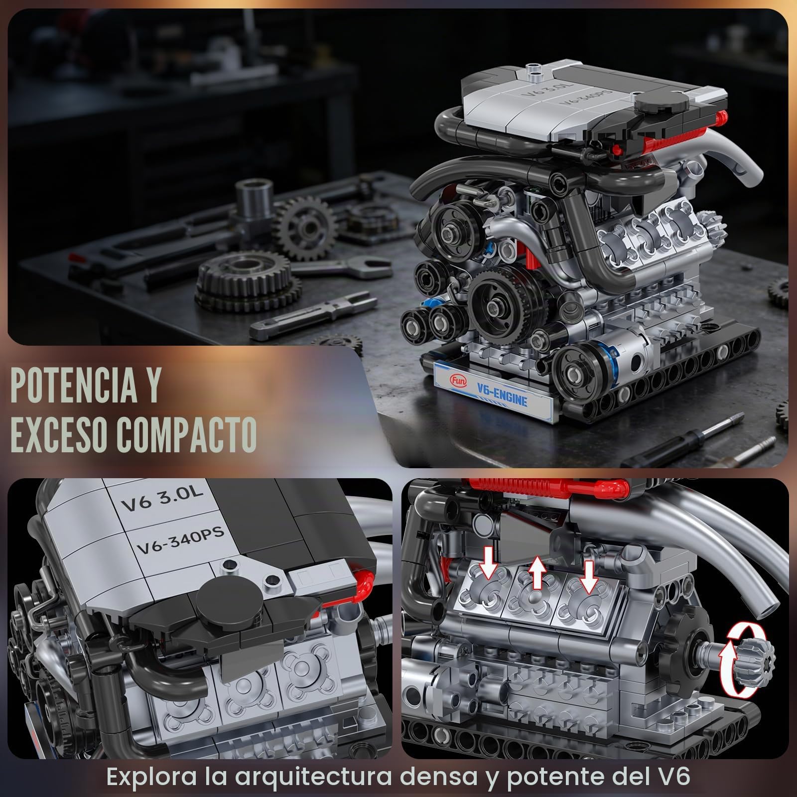 JMBricklayer V6 L4 B4 Kits de modelo de motor que funciona, bloques de construcción mecánicos de motor de coche STEM 3-en-1 para adultos y adolescentes, juguete de motor de bricolaje, para exhibición