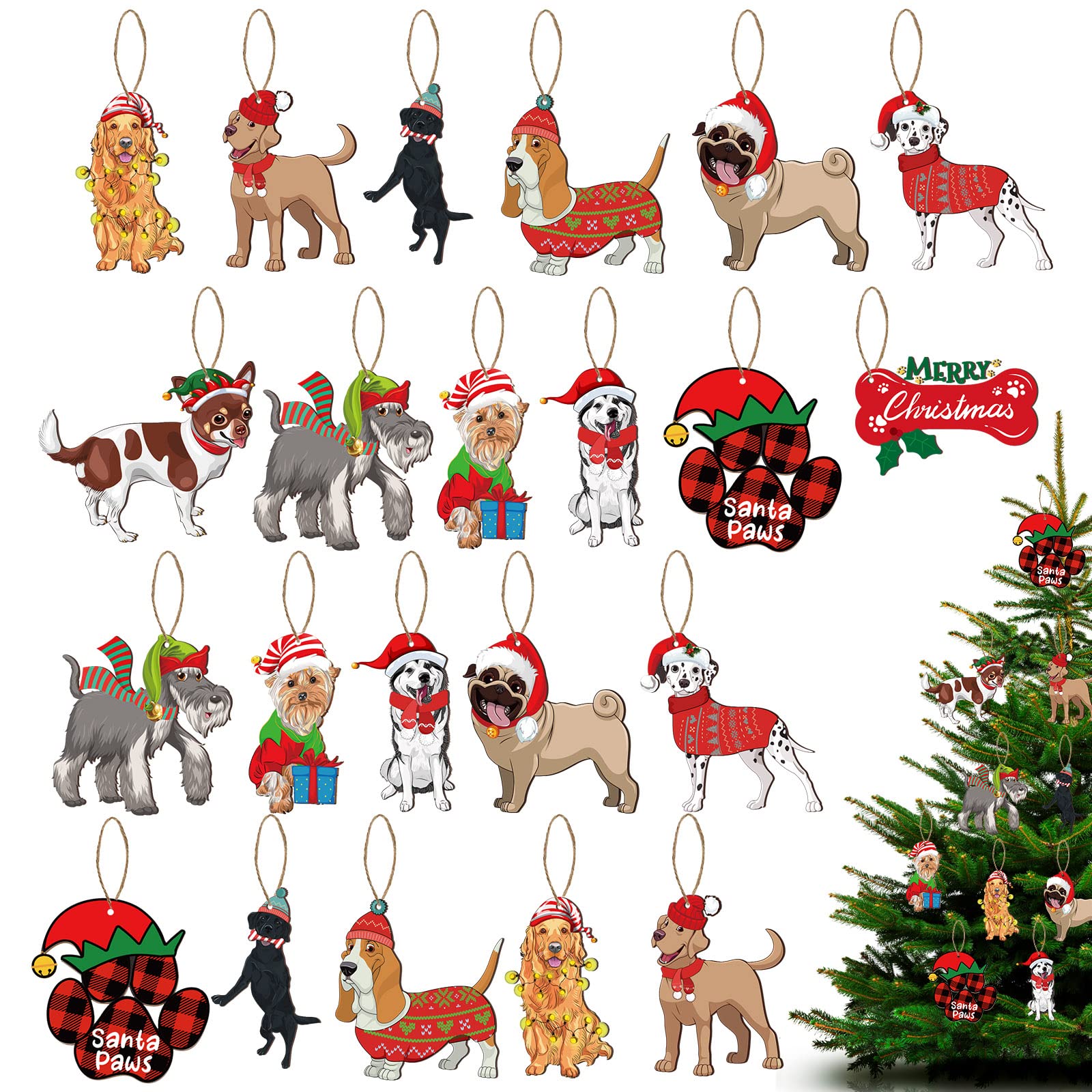 Figurines de Noël en bois suspendre chien pour décoration sapin enfants 48 pièces