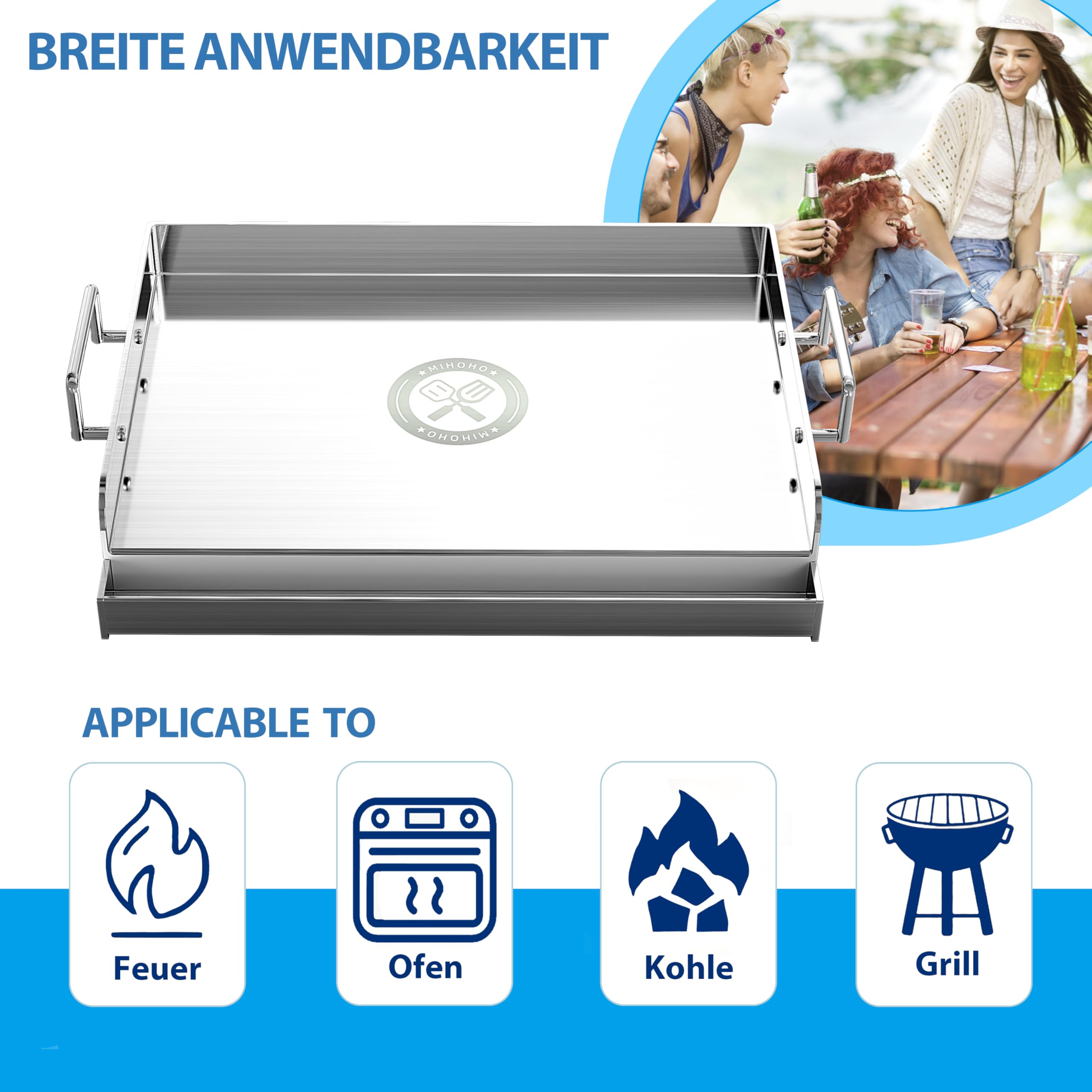 Piastra universale per barbecue Plancha in acciaio inox, con braccio di riscaldamento uniforme, griglia per barbecue a gas e carbone, universale, per barbecue, campeggio, tailgating e feste (44 cm)
