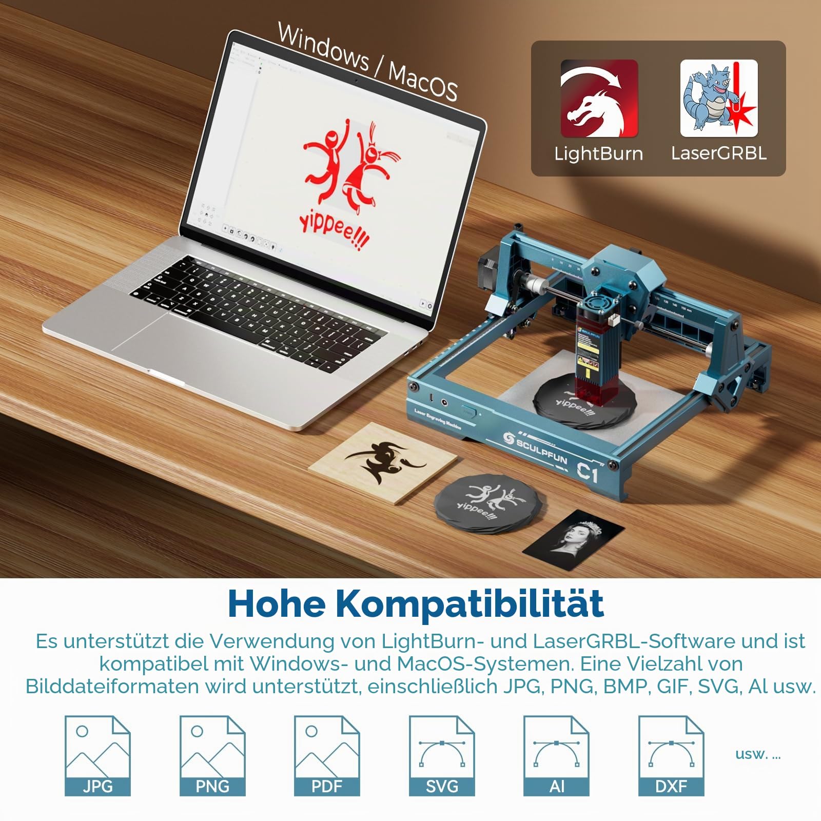 SCULPFUN C1 Mini Lasergravierer, Tragbare 3W Lasergravurmaschine mit 0,04 mm ultrafeinen Punkt, Keine Installation Erforderlich Laser Graviermaschine für Anfänger, Gravur Gerät für Holz Metall