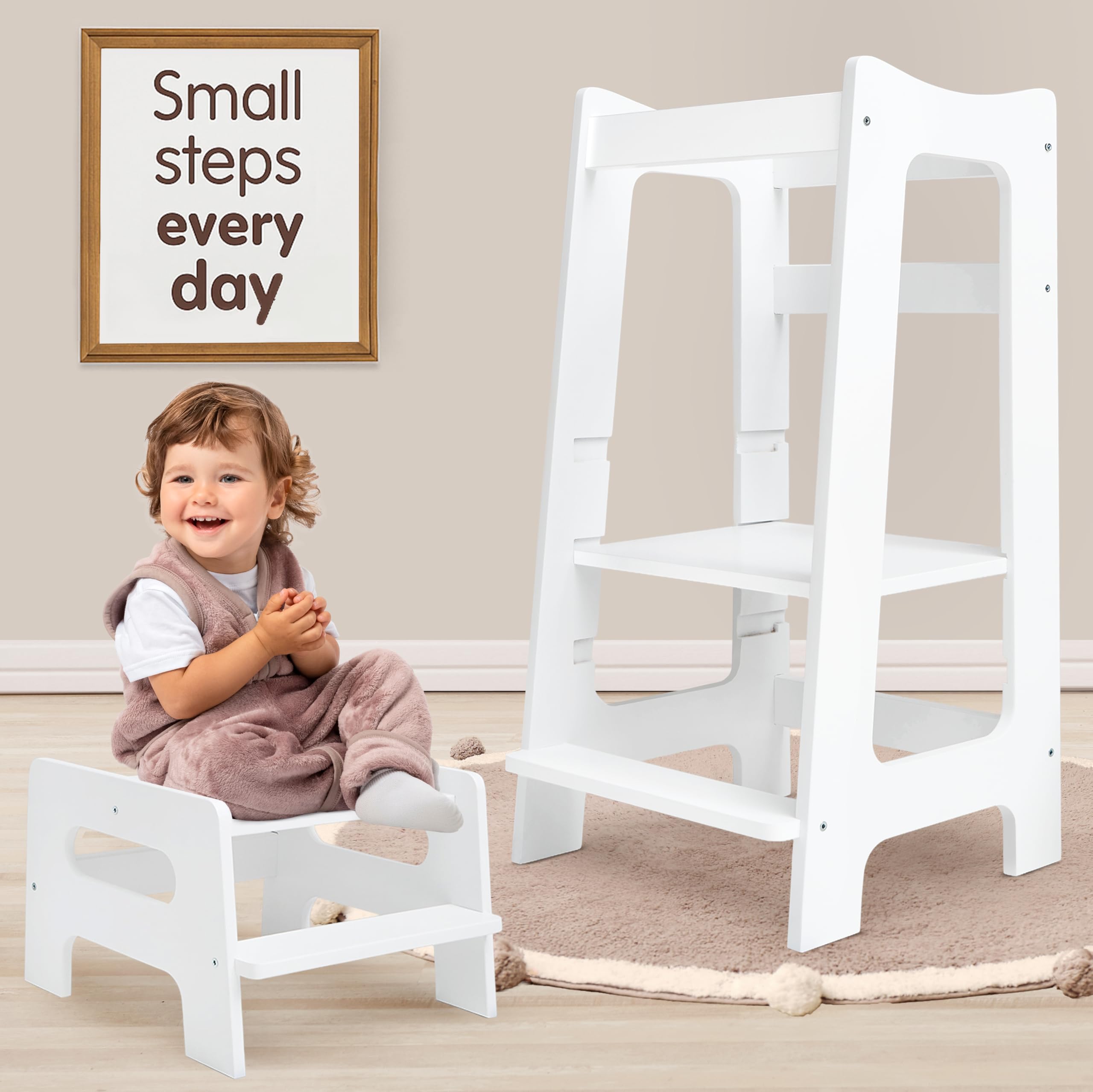 2-in-1 Montessori Learning Tower with Extra Step Stool – Wooden Kitchen Helper for Toddlers with 3 Adjustable Heights, Safe Standing Platform for Sink or Toilet Use, Kids Aged 2–6 (White)